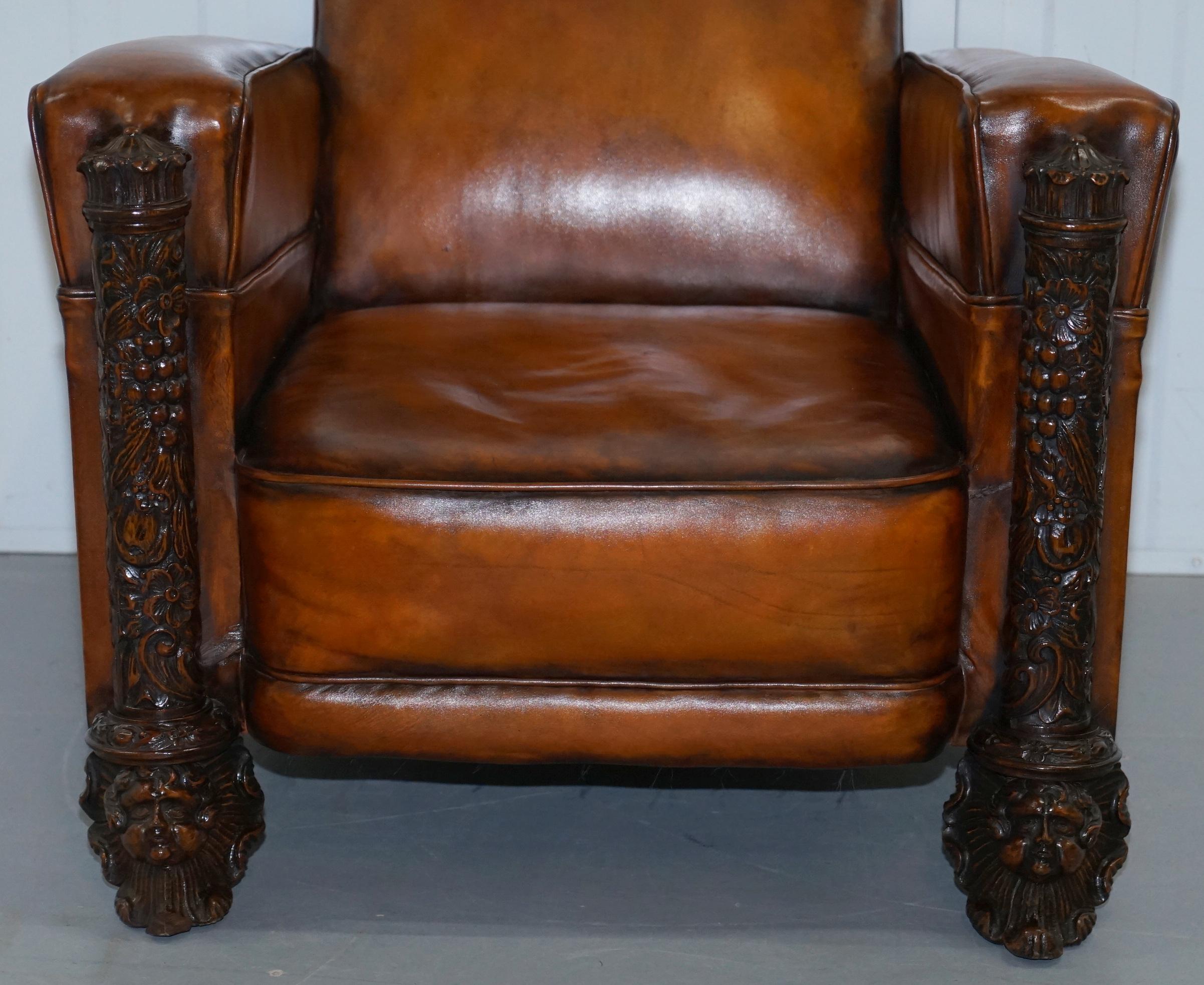 Pair of Victorian Brown Leather Club Armchairs 17th Century Cherub Putti Angels 2