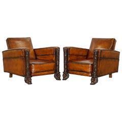 Antique Pair of Victorian Brown Leather Club Armchairs 17th Century Cherub Putti Angels