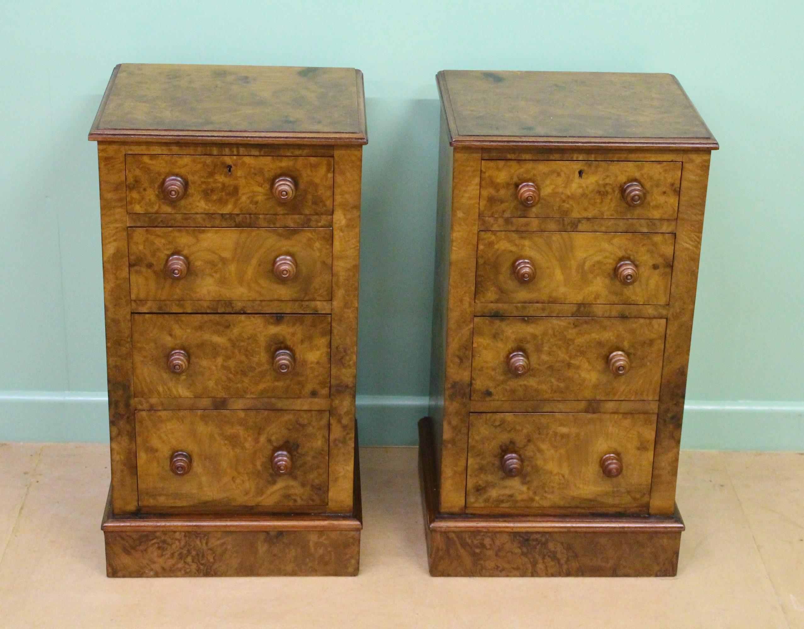 A very good pair of Victorian burr walnut bedside chests of drawers. Well-constructed in solid walnut with attractive burr walnut veneers. Each with a series of 4 graduated drawers, fitted with their original solid walnut bun handles.