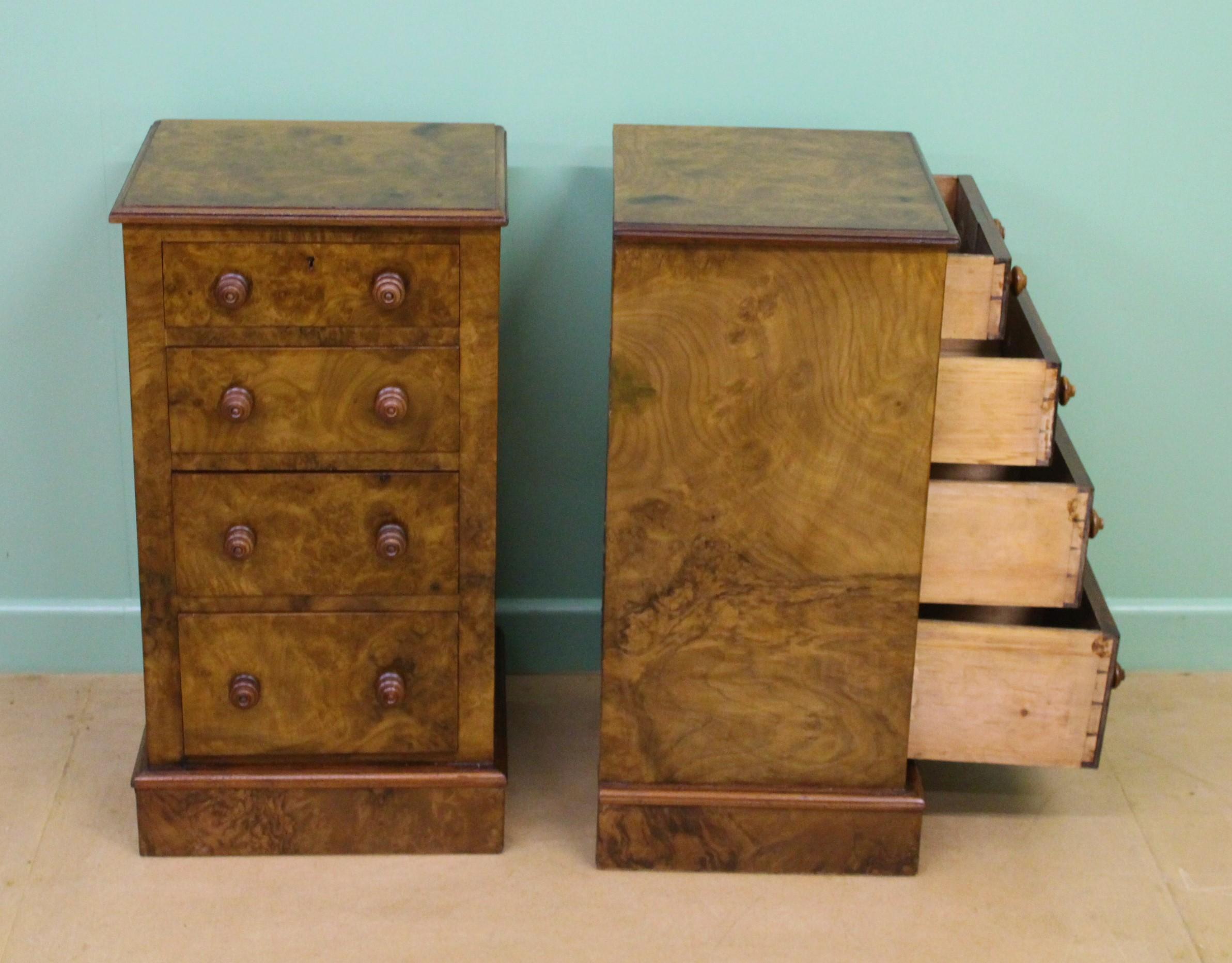 Burl Pair of Victorian Burr Walnut Bedside Chests For Sale