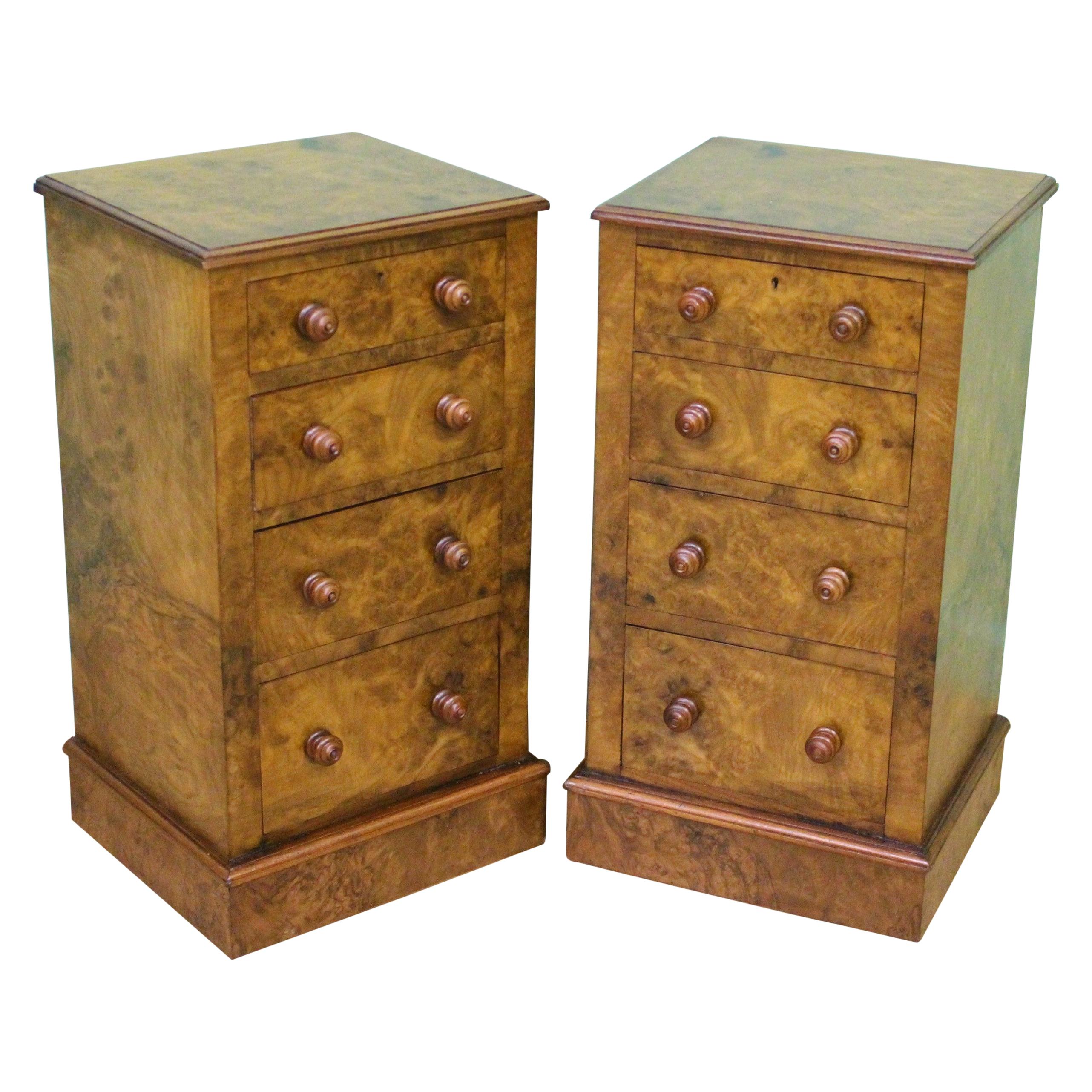 Pair of Victorian Burr Walnut Bedside Chests For Sale