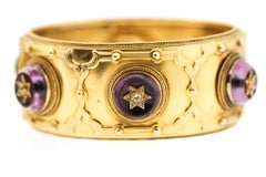 Pair of Victorian Carlo Giuliano 18 Karat Gold Amethyst Diamond Cuff Bracelets