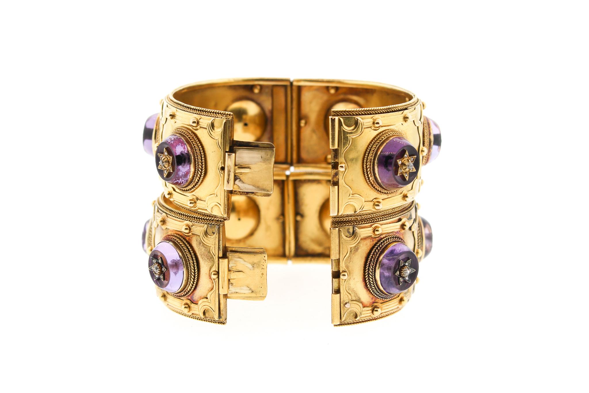 Pair of Victorian Carlo Giuliano 18 Karat Gold Amethyst Diamond Cuff Bracelets In Good Condition In New York, NY