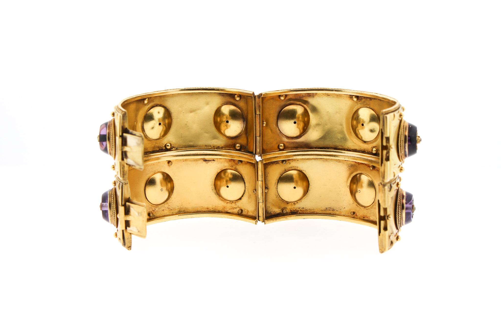 Women's or Men's Pair of Victorian Carlo Giuliano 18 Karat Gold Amethyst Diamond Cuff Bracelets