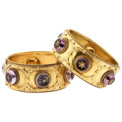 Pair of Victorian Carlo Giuliano 18 Karat Gold Amethyst Diamond Cuff Bracelets