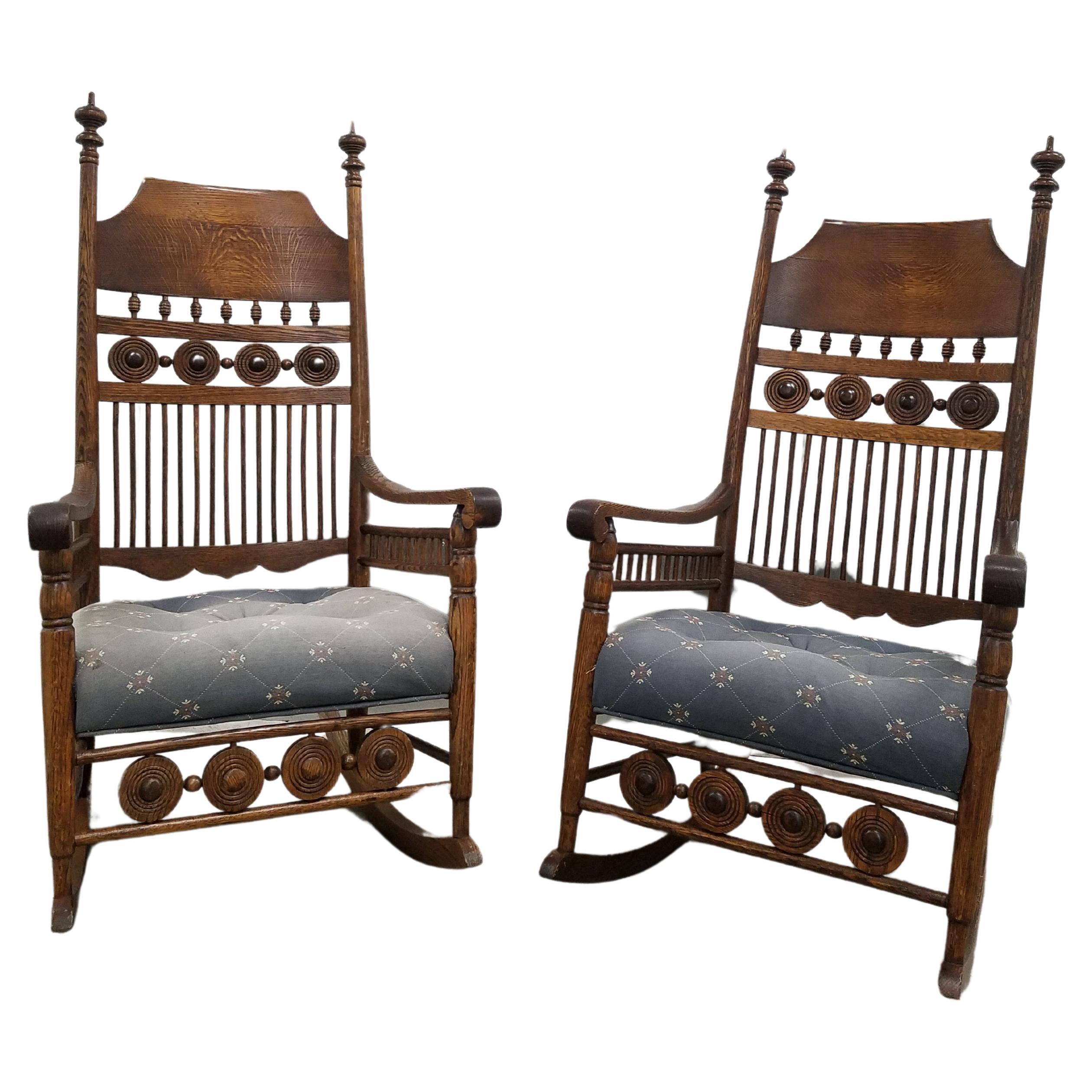 Pair of Victorian Carved Oak Rocking Chairs With Upholstered Seats For Sale