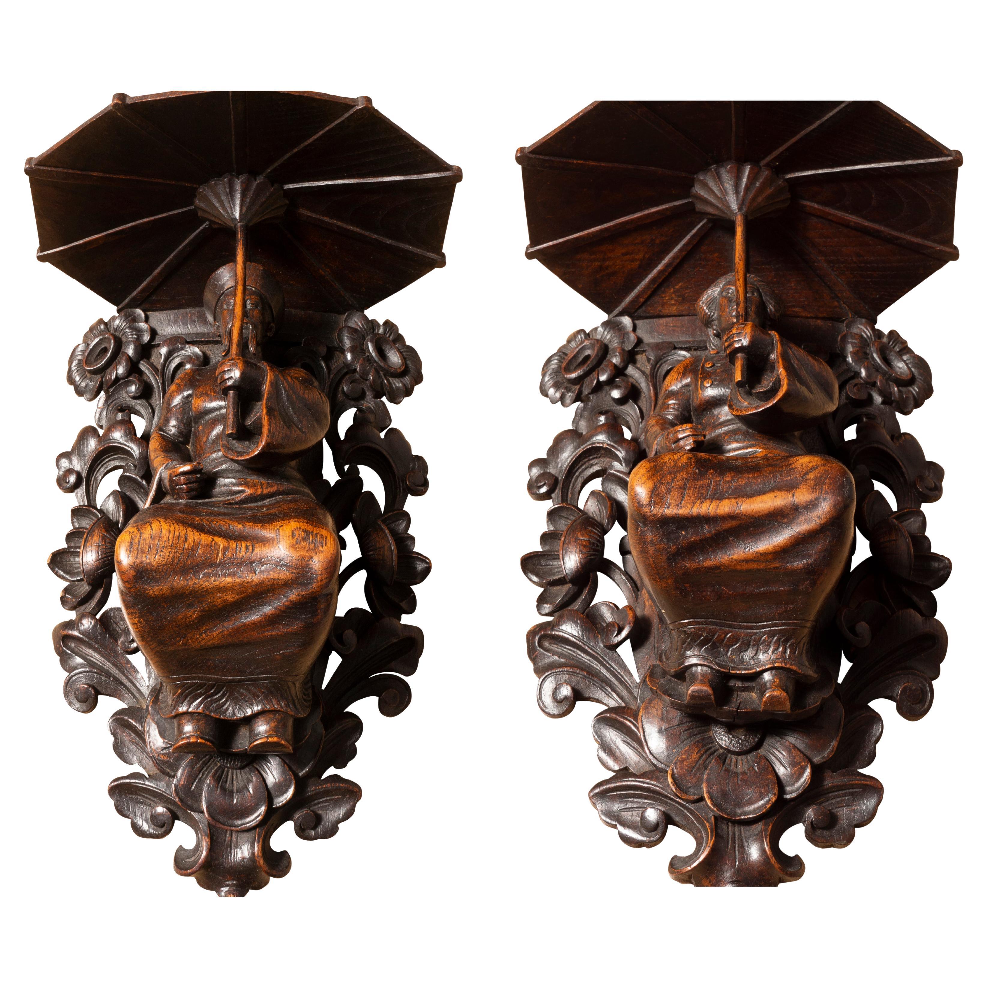 Pair Of Victorian Carved Oak Wall Brackets
