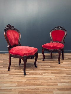 Pair of Victorian Carved Side Chairs with Red Velvet Upholstery