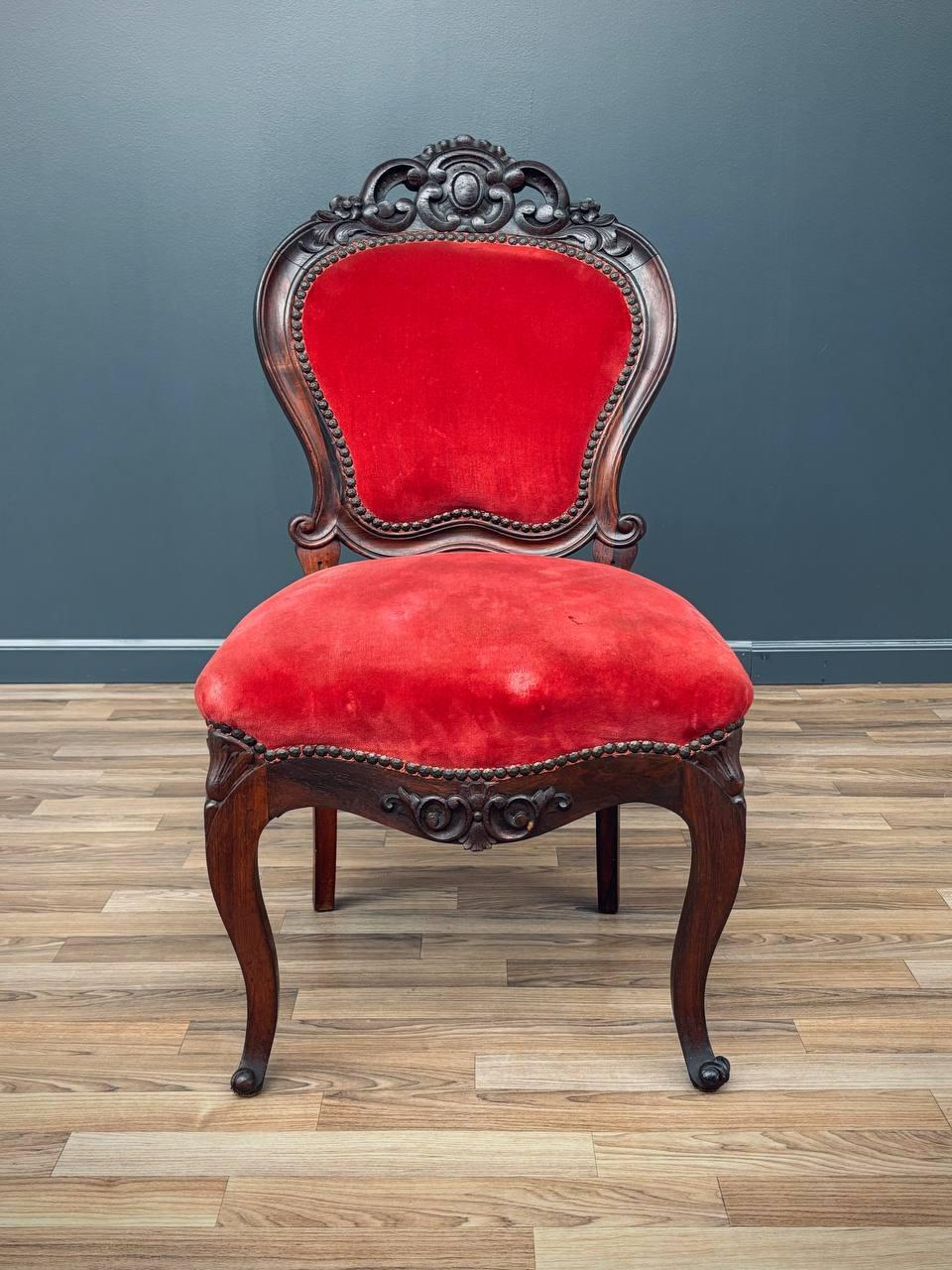 Mid-20th Century Pair of Victorian Carved Side Chairs with Red Velvet Upholstery For Sale