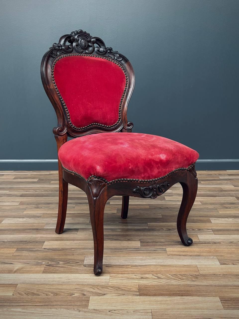 Pair of Victorian Carved Side Chairs with Red Velvet Upholstery For Sale 1