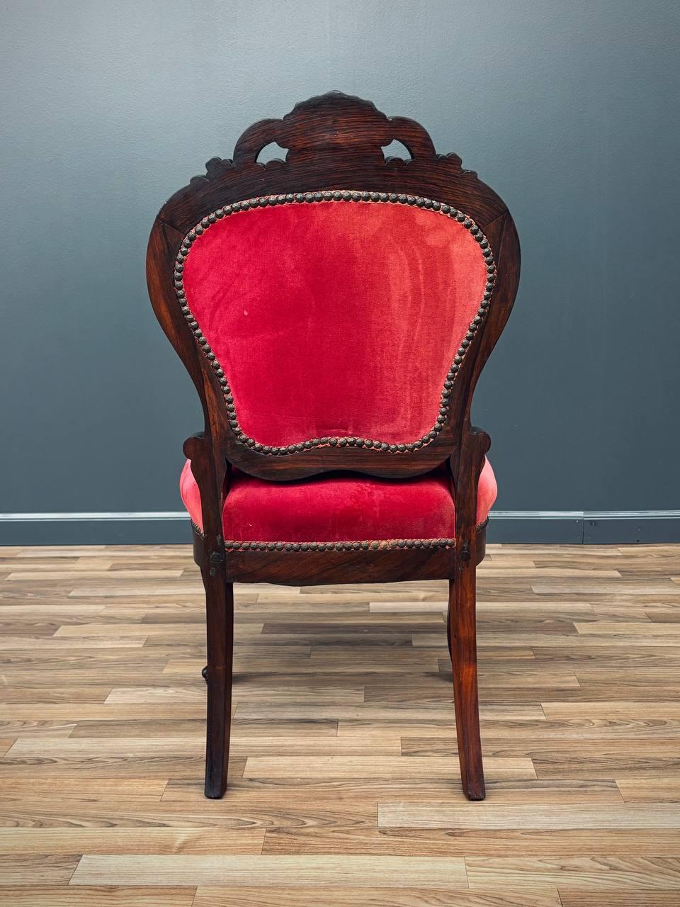 Pair of Victorian Carved Side Chairs with Red Velvet Upholstery For Sale 2