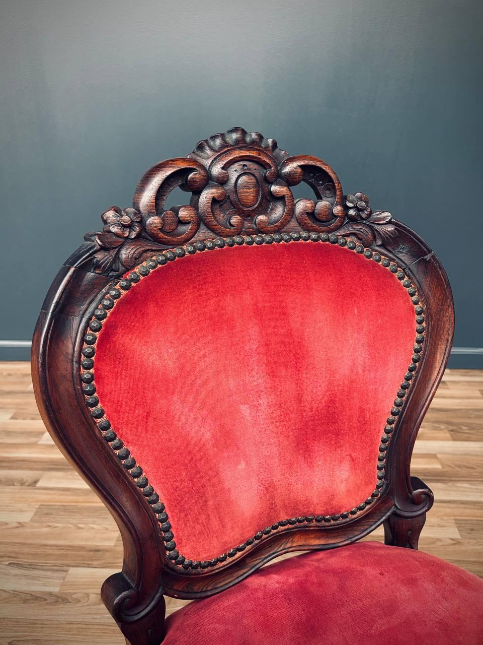 Pair of Victorian Carved Side Chairs with Red Velvet Upholstery For Sale 4