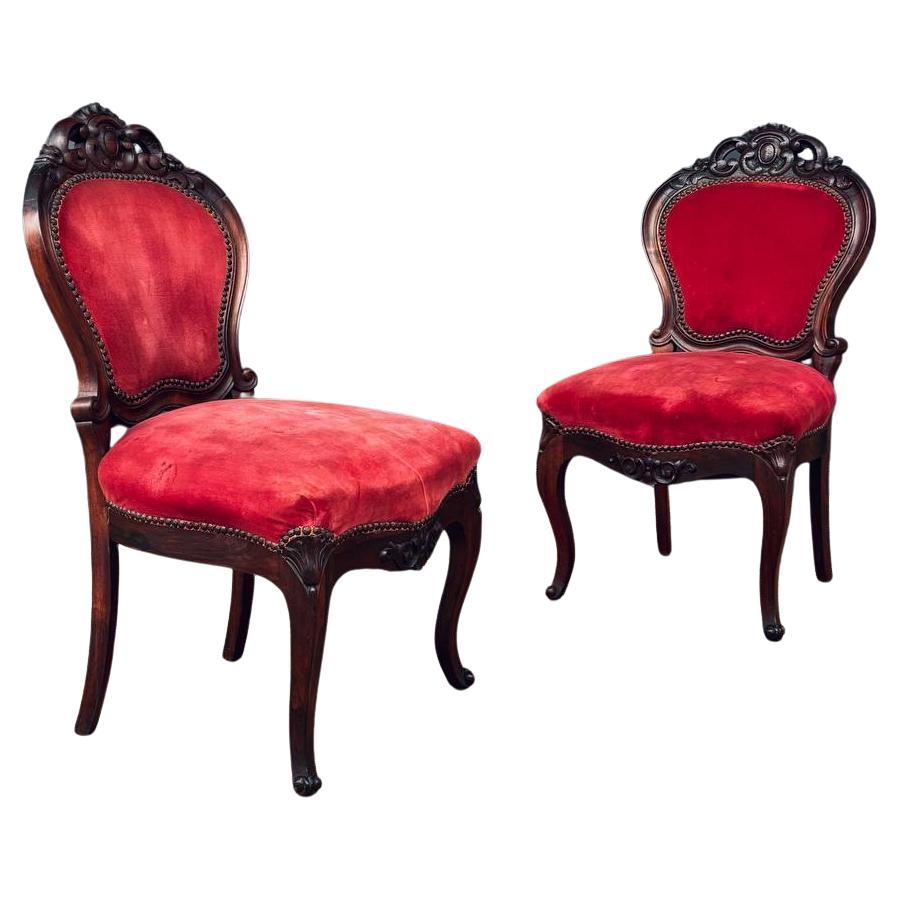 Pair of Victorian Carved Side Chairs with Red Velvet Upholstery For Sale