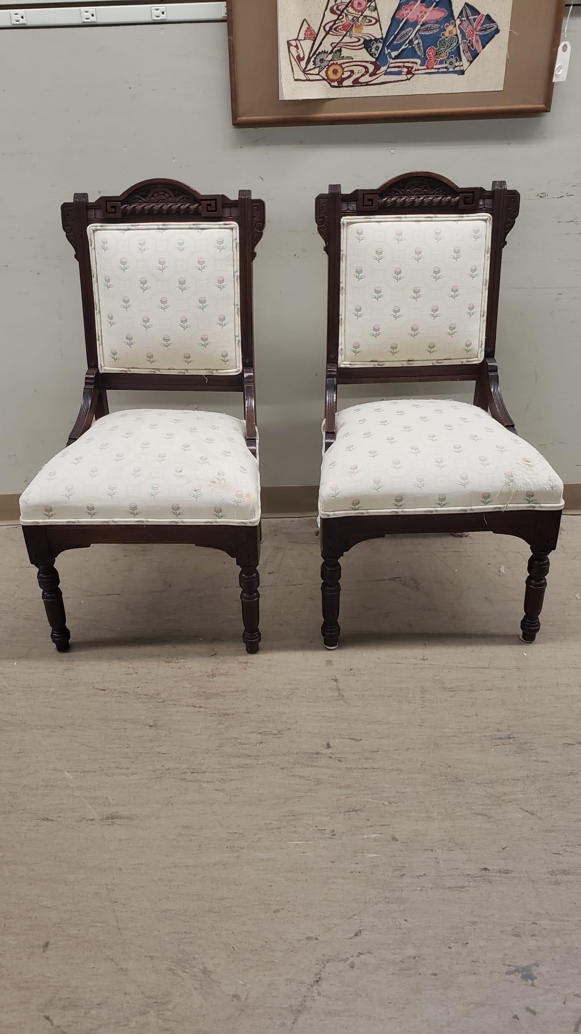 Pair of Victorian Carved Walnut and Upholstered Side Chairs For Sale 1
