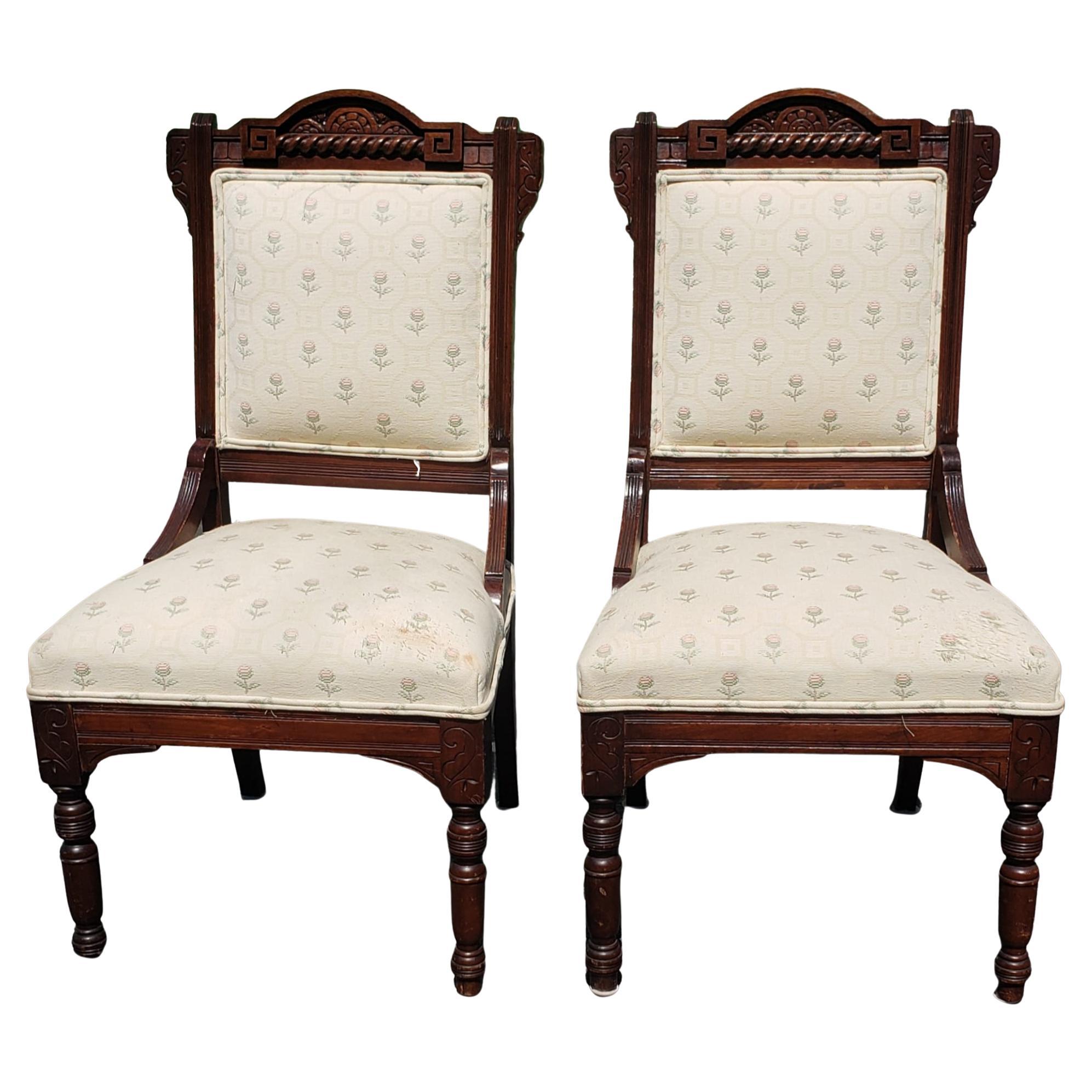 Pair of Victorian Carved Walnut and Upholstered Side Chairs For Sale