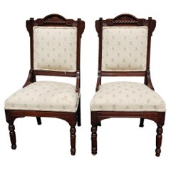Antique Pair of Victorian Carved Walnut and Upholstered Side Chairs