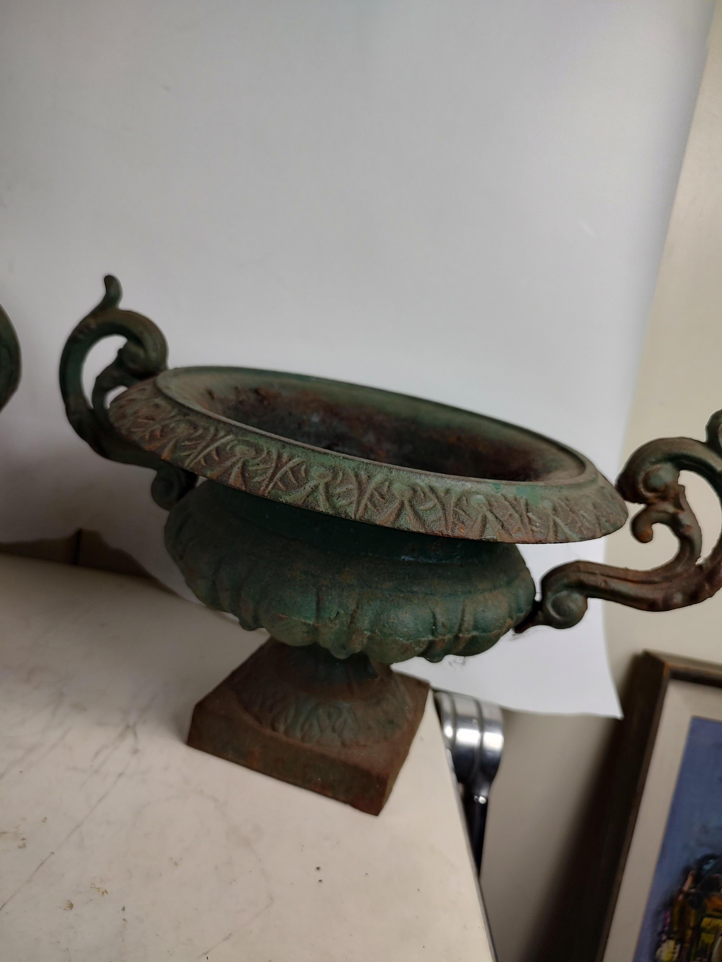 Pair of Victorian Cast Iron Garden Urns with Handles Indoor and Outdoor 6