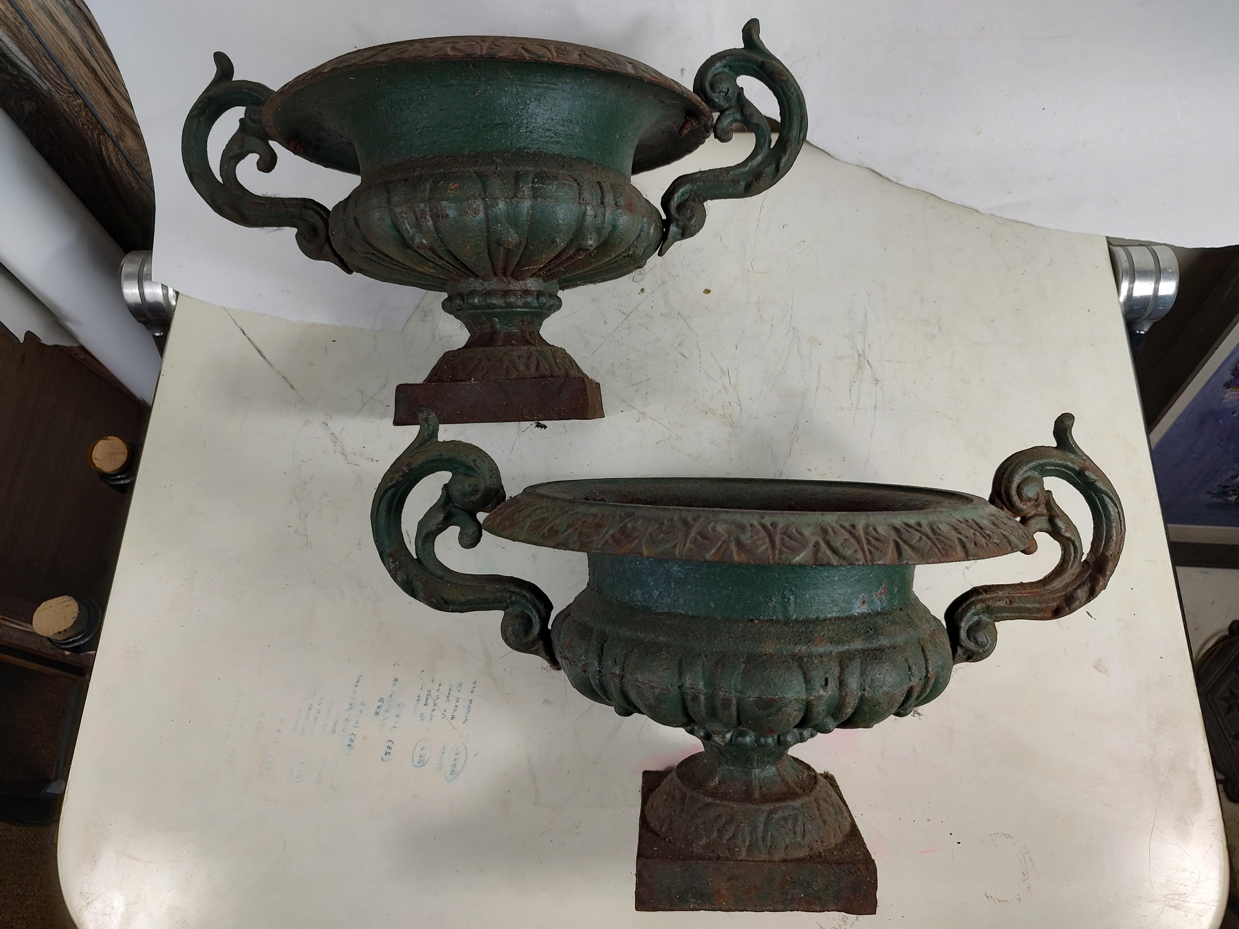 American Pair of Victorian Cast Iron Garden Urns with Handles Indoor and Outdoor