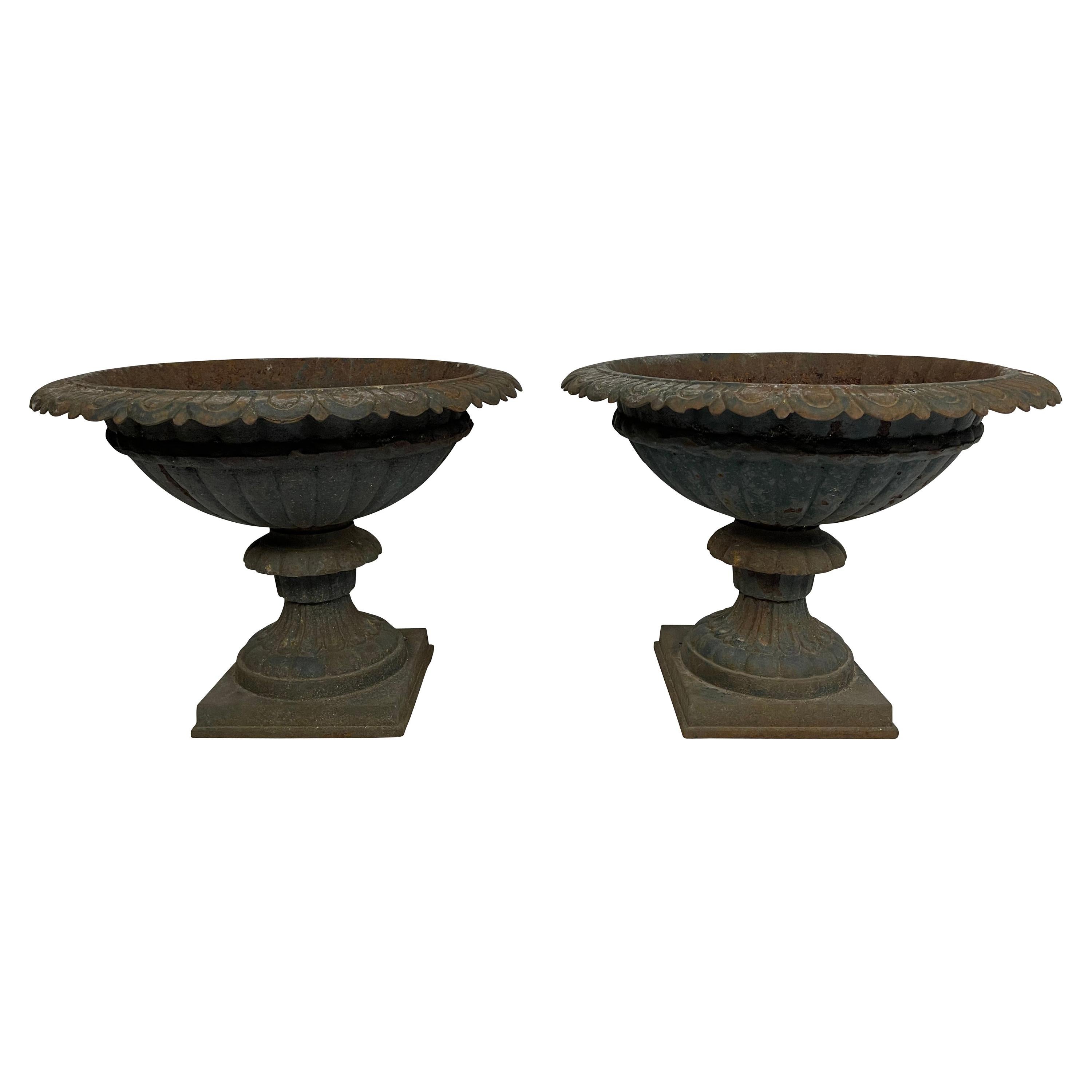 Pair of Victorian Cast Iron Urns with Green Paint Patina