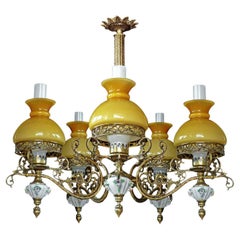 Victorian Chandelier with Porcelain Flowers, Gilt Bronze & Amber Glass Globes