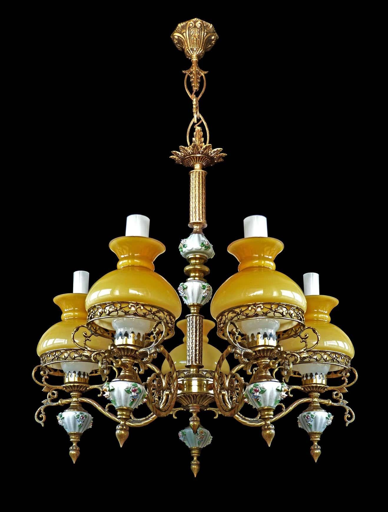 Early Victorian Victorian Chandelier with Porcelain Flowers, Gilt Bronze & Amber Glass Globes