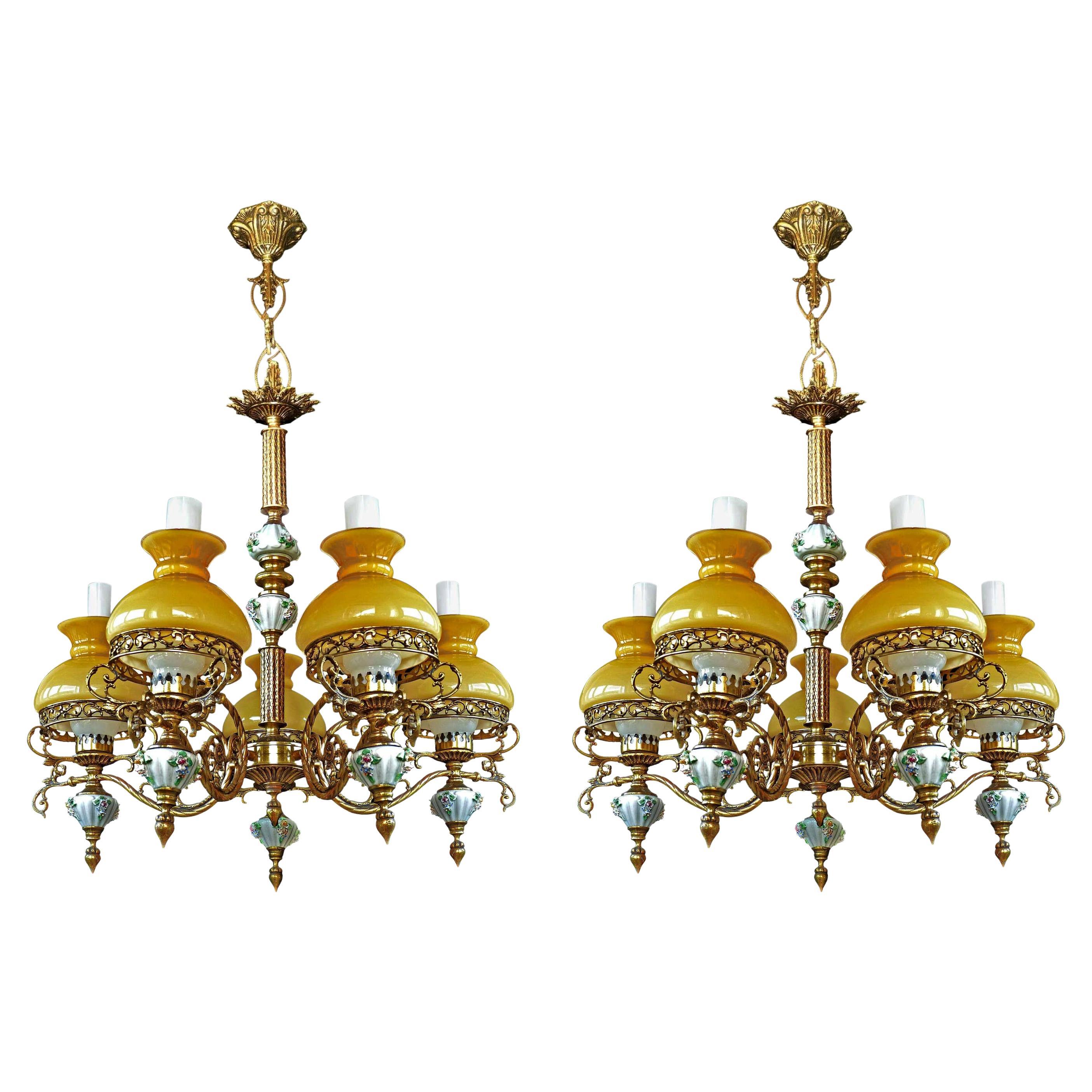 Amber French Limoges Porcelain Gilt Bronze Victorian Library Oil Lamp