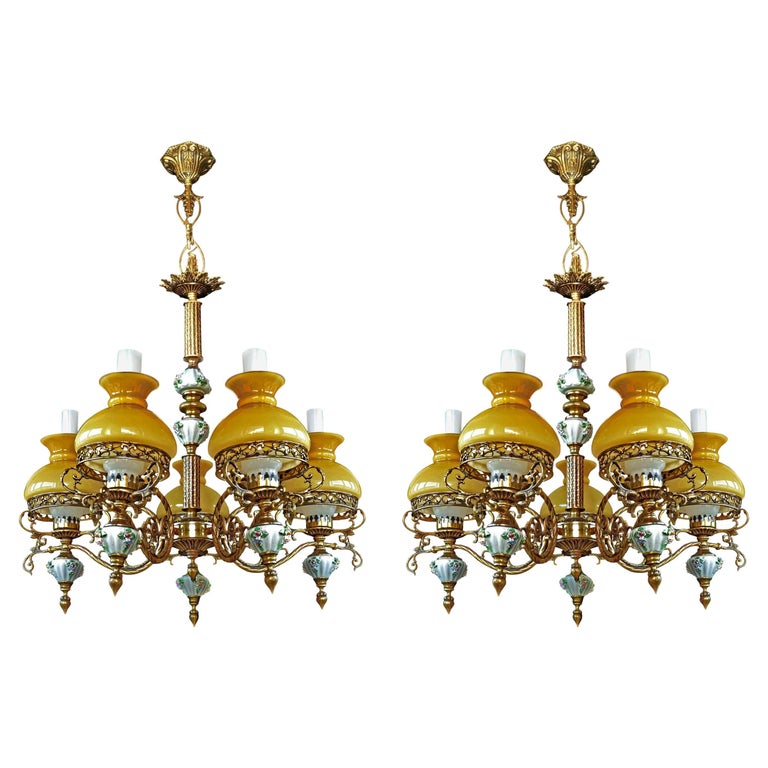 Pair of Victorian Chandelier w Porcelain Flowers, Gilt Bronze and Amber
