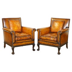 Pair of Victorian Club Armchairs Claw and Ball Feet Brown Leather Full Restored