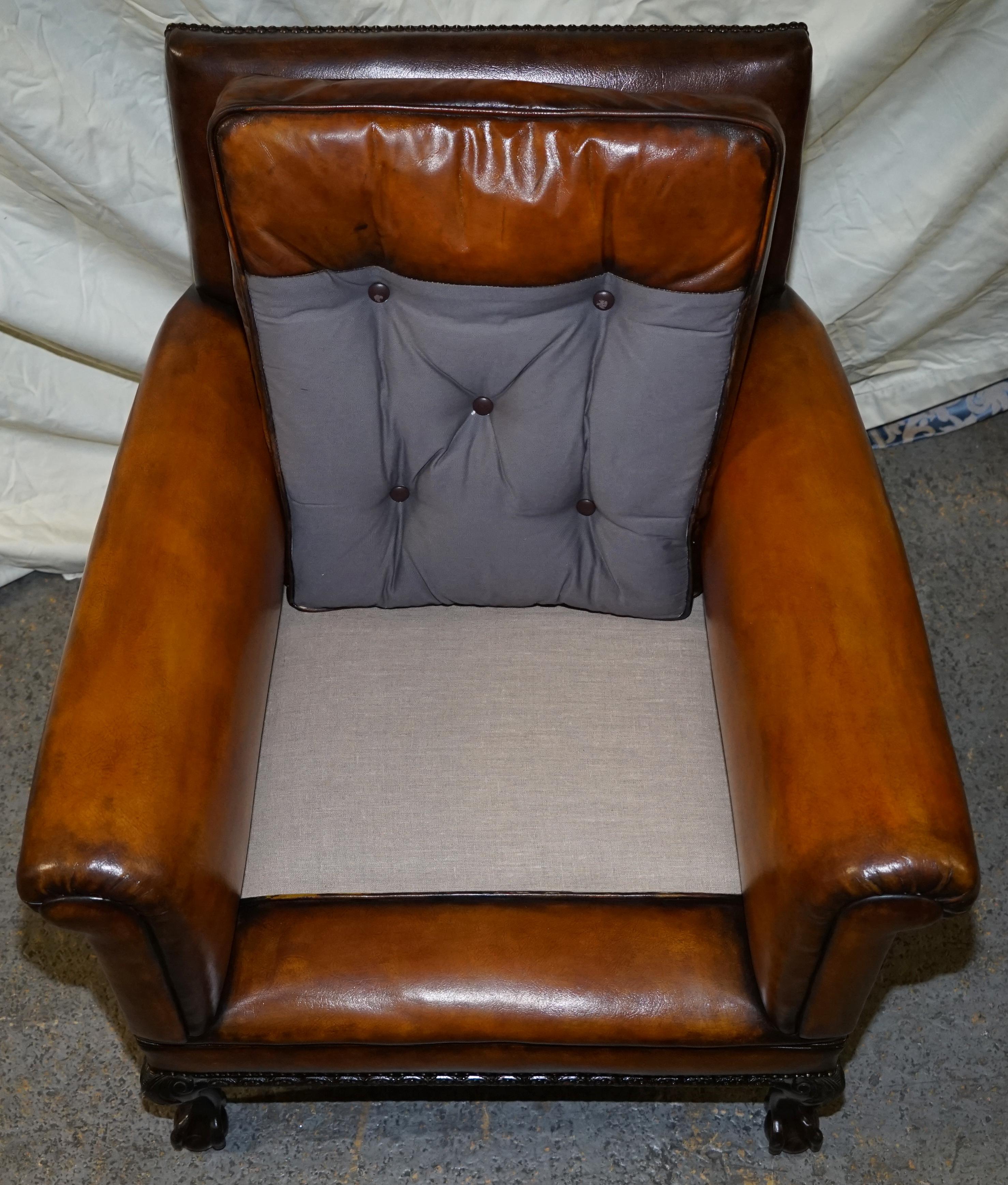 Pair of Victorian Club Armchairs Claw and Ball Feet Brown Leather Full Restored 6