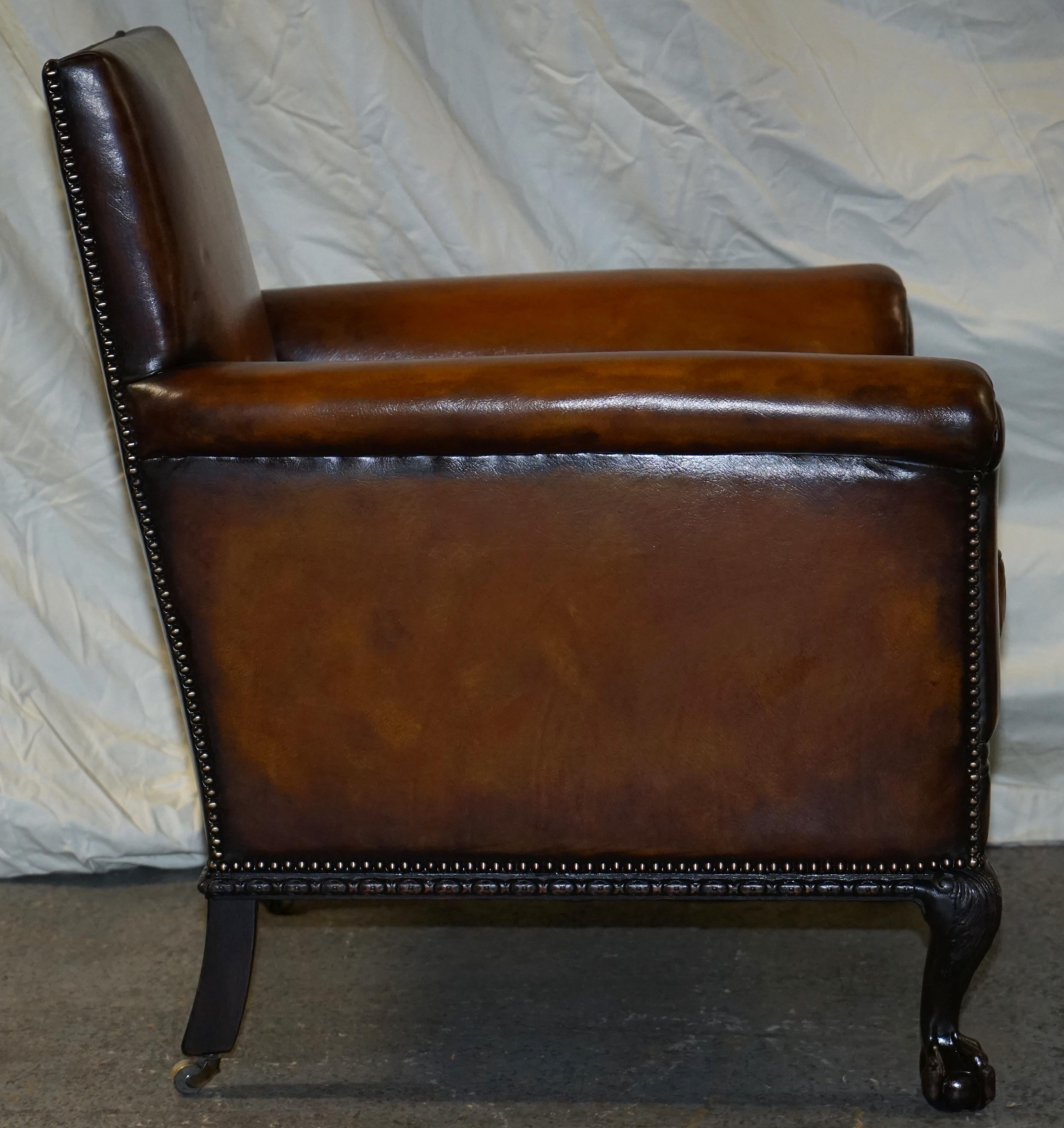 Pair of Victorian Club Armchairs Claw and Ball Feet Brown Leather Full Restored 7