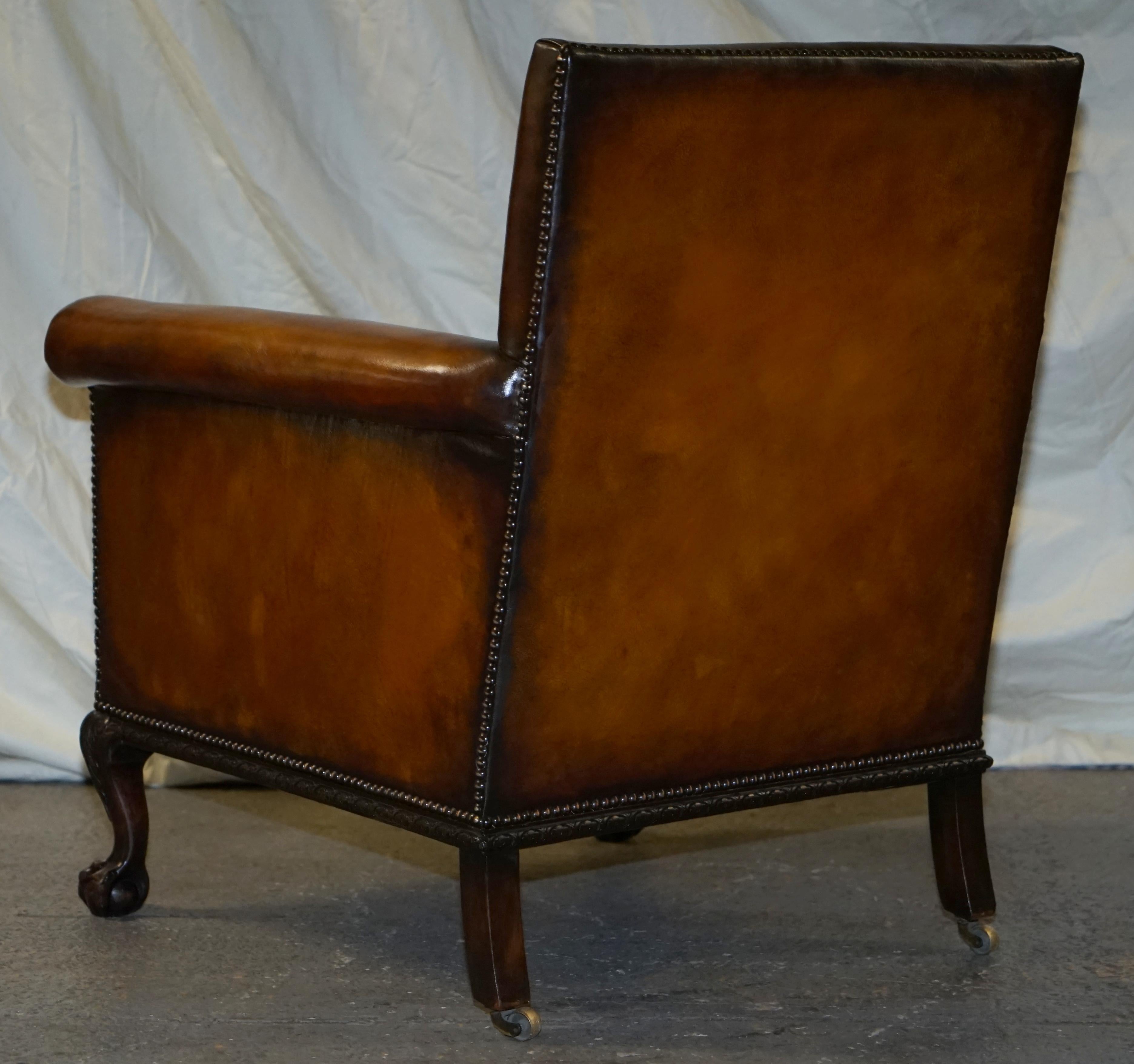 Pair of Victorian Club Armchairs Claw and Ball Feet Brown Leather Full Restored 9