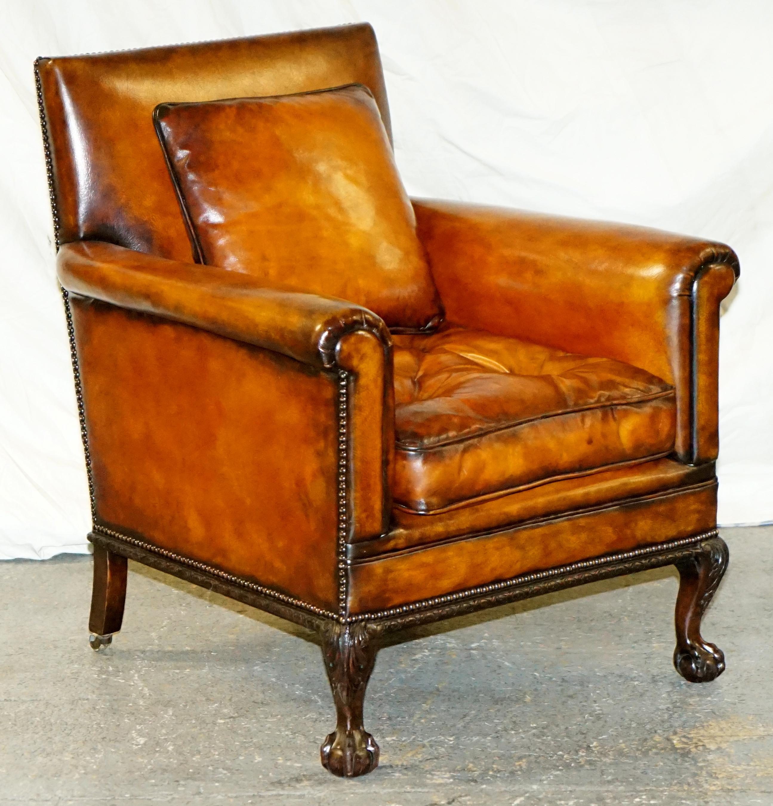Pair of Victorian Club Armchairs Claw and Ball Feet Brown Leather Full Restored 10