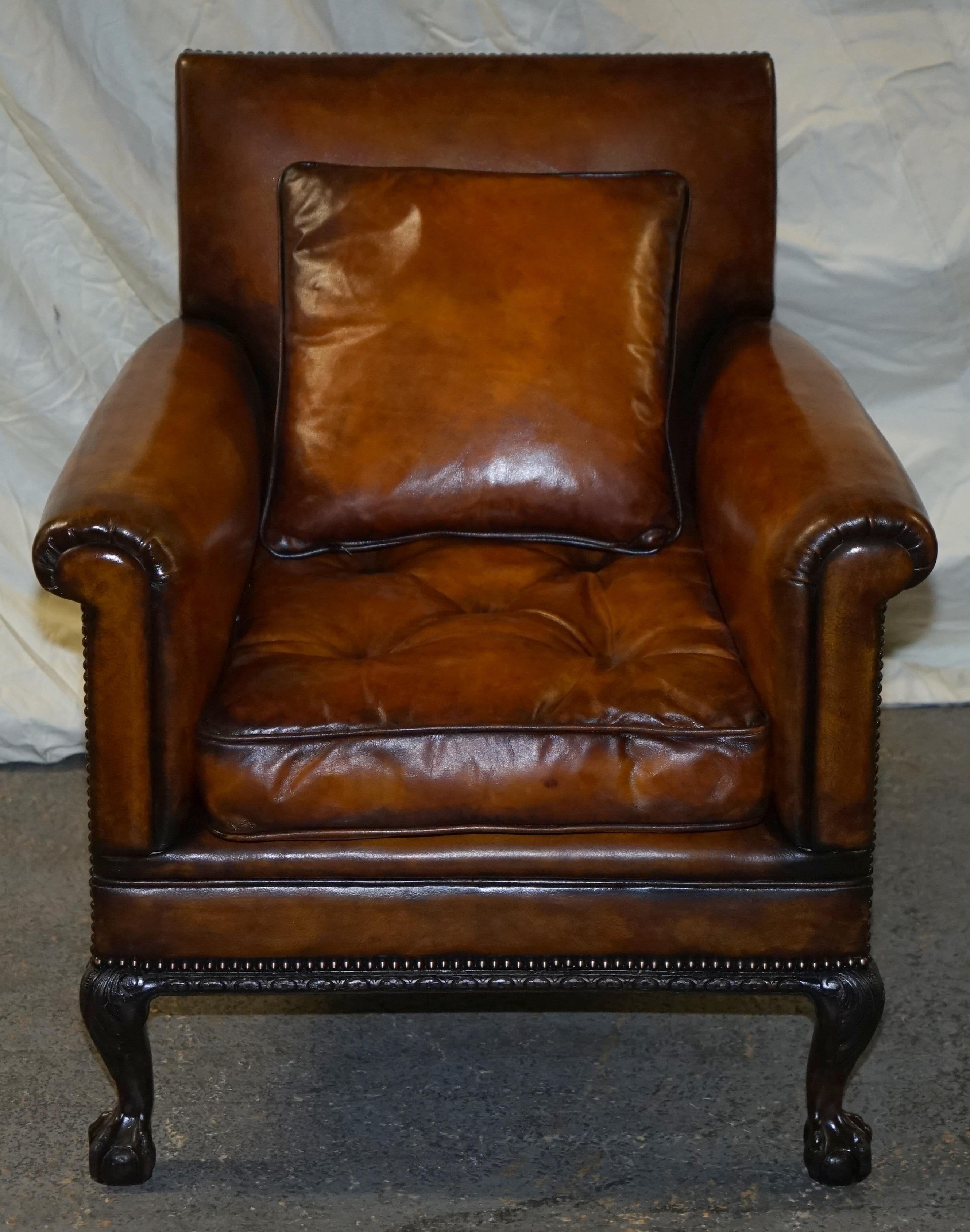 Pair of Victorian Club Armchairs Claw and Ball Feet Brown Leather Full Restored 11