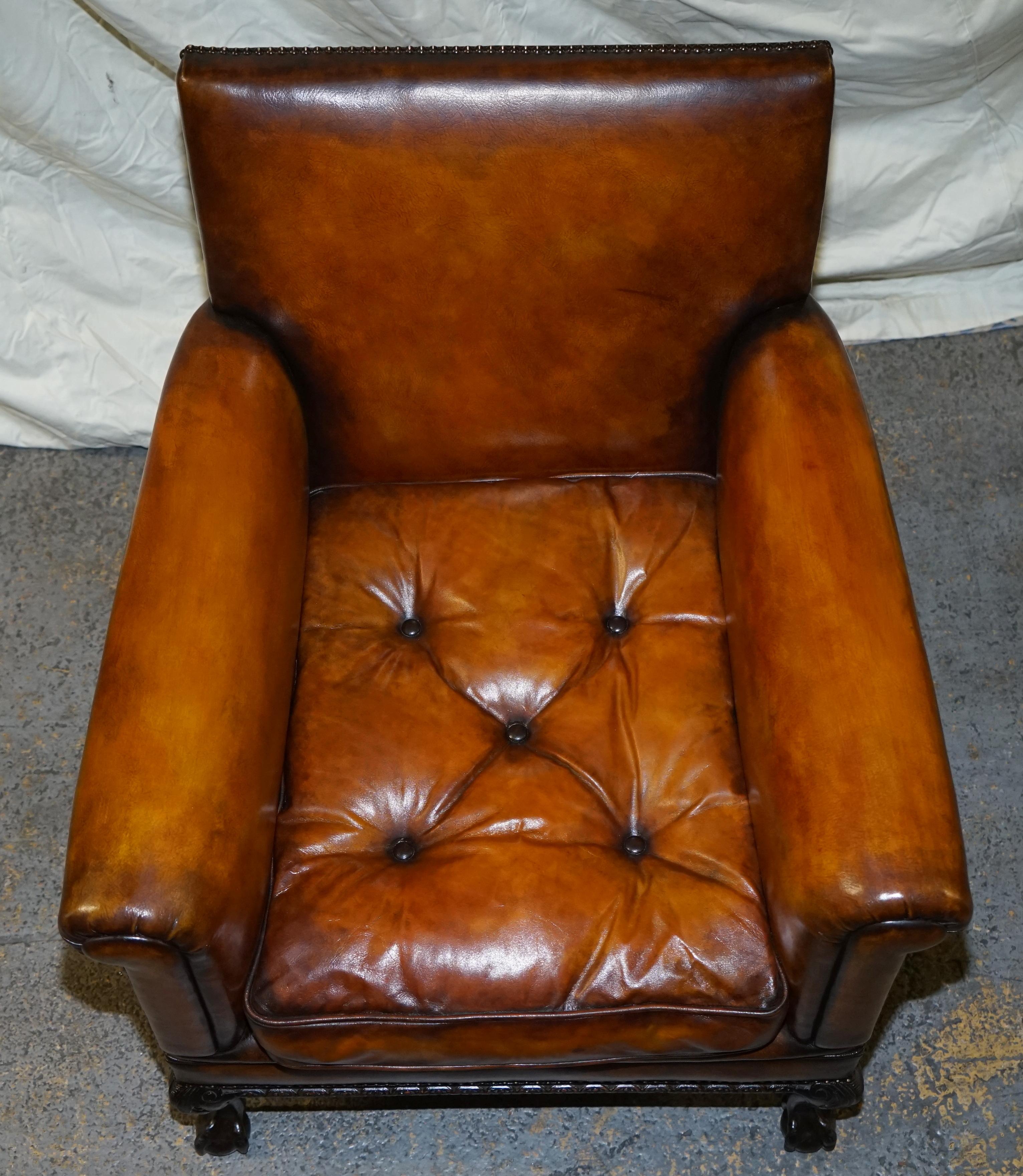 Pair of Victorian Club Armchairs Claw and Ball Feet Brown Leather Full Restored 13