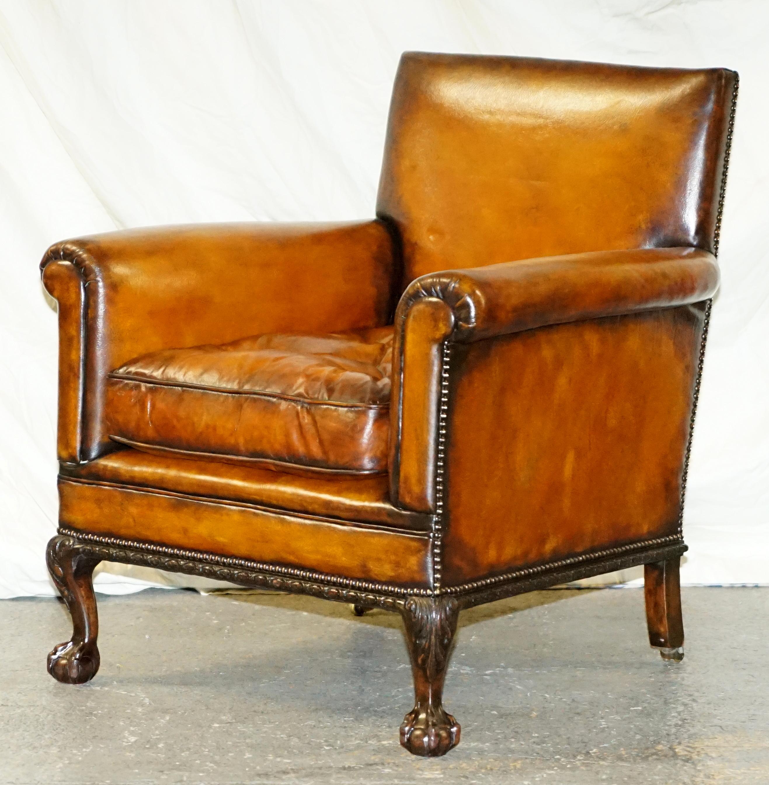Hand-Crafted Pair of Victorian Club Armchairs Claw and Ball Feet Brown Leather Full Restored