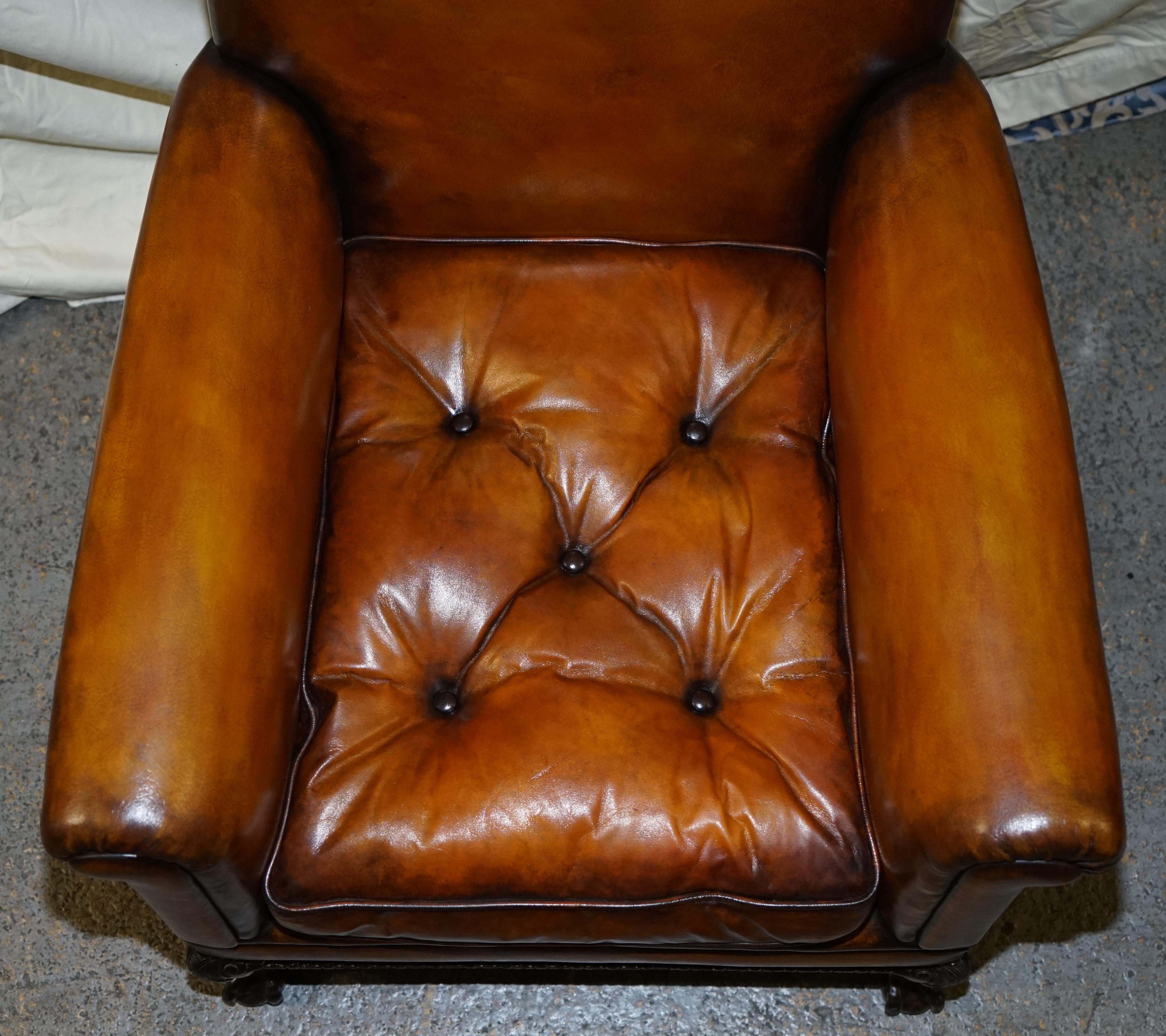 Pair of Victorian Club Armchairs Claw and Ball Feet Brown Leather Full Restored 1