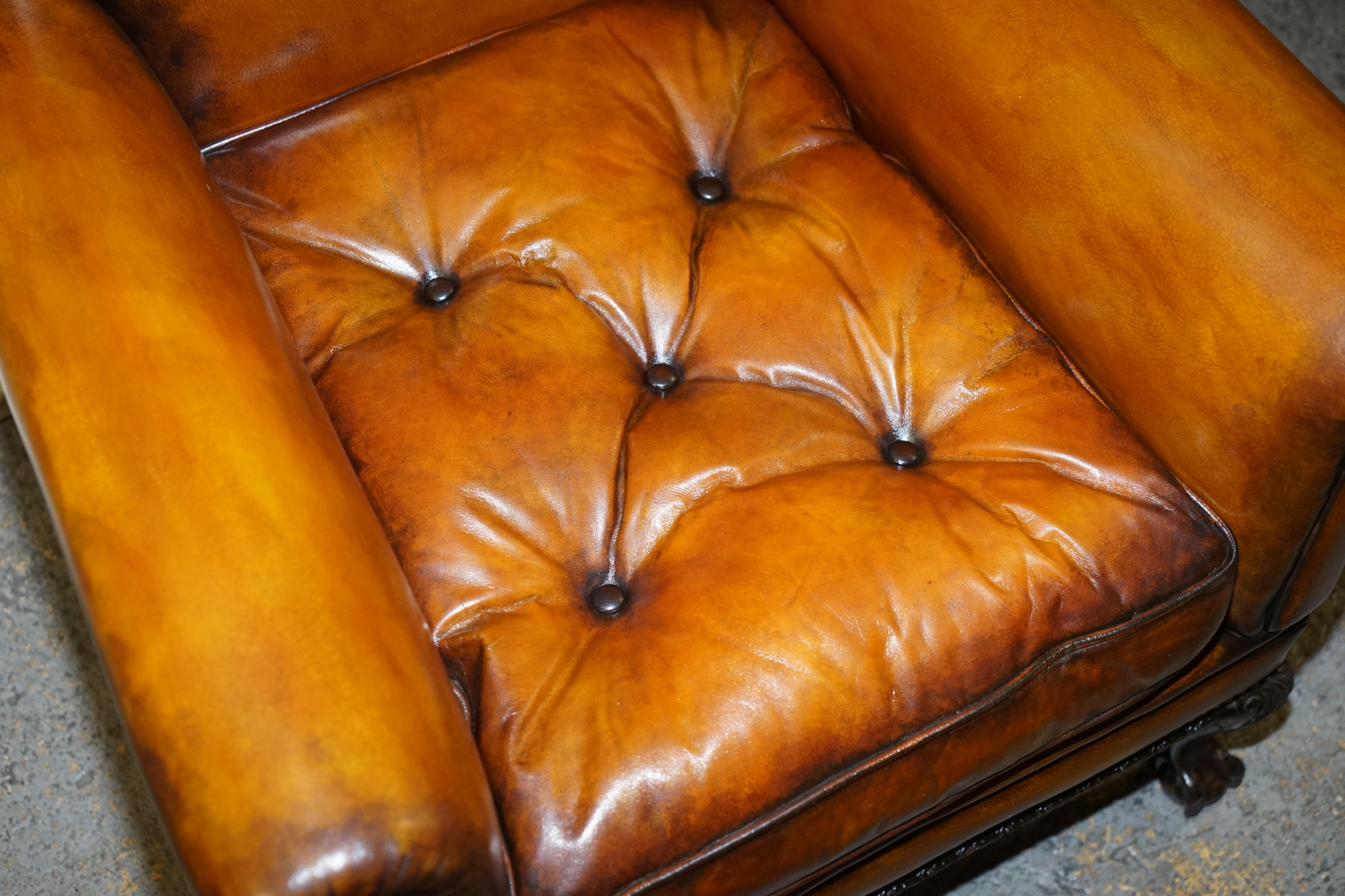 Pair of Victorian Club Armchairs Claw and Ball Feet Brown Leather Full Restored 2