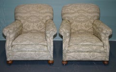 PAIR OF VICTORIAN CLUB ARMCHAiRS FLORAL CREAM UPHOLSTERY FULLY SPRUNG SEATS