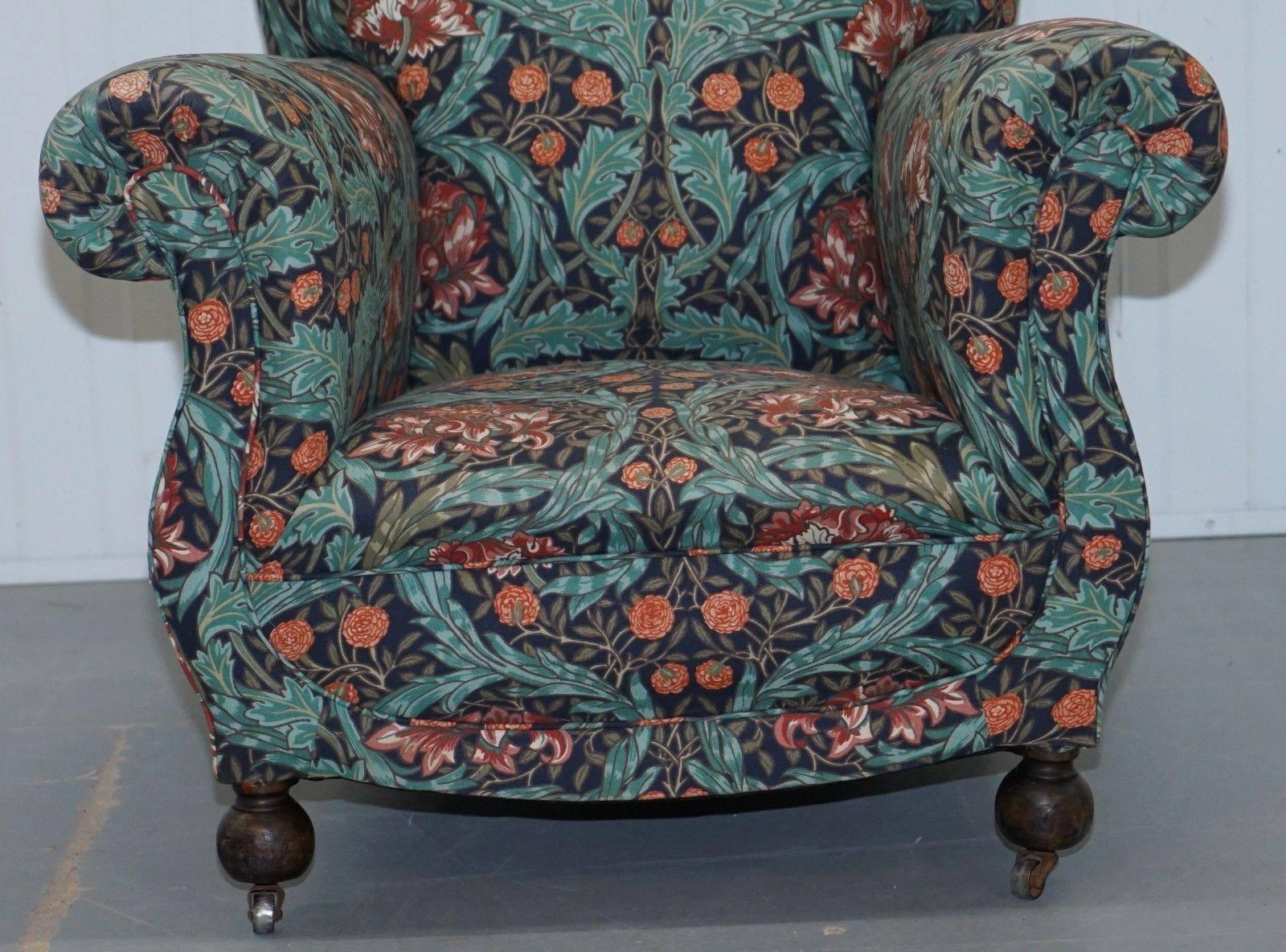 Pair of Victorian Club Armchairs in William Morris Upholstery Fabric Part Suite 2