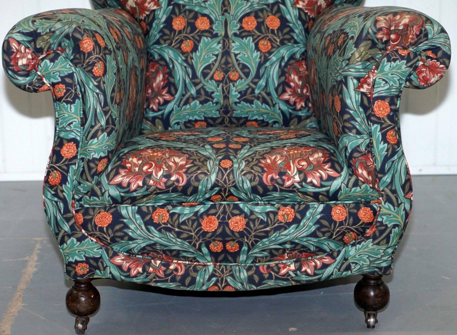 British Pair of Victorian Club Armchairs in William Morris Upholstery Fabric Part Suite