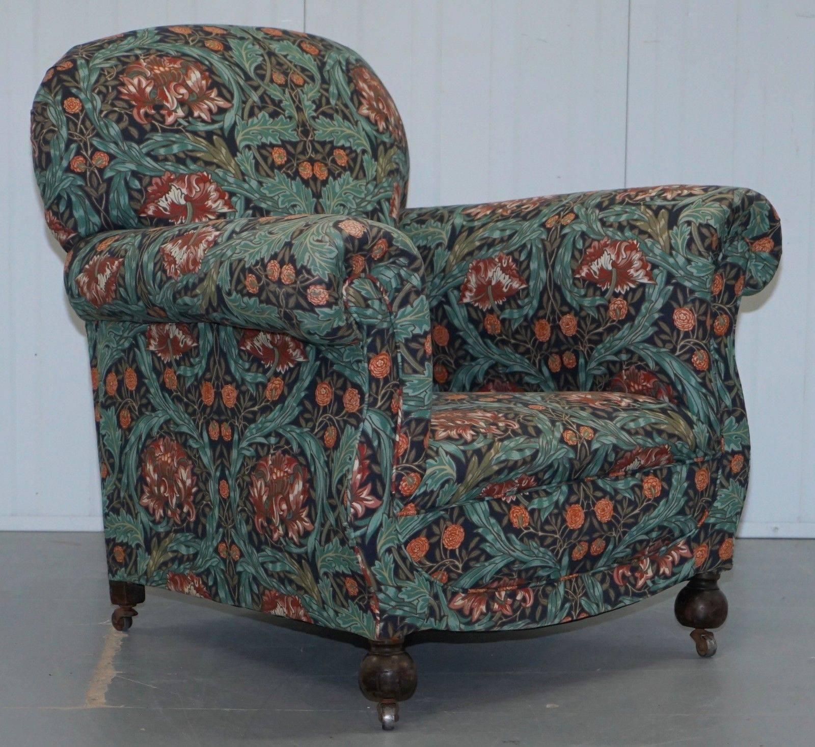 19th Century Pair of Victorian Club Armchairs in William Morris Upholstery Fabric Part Suite