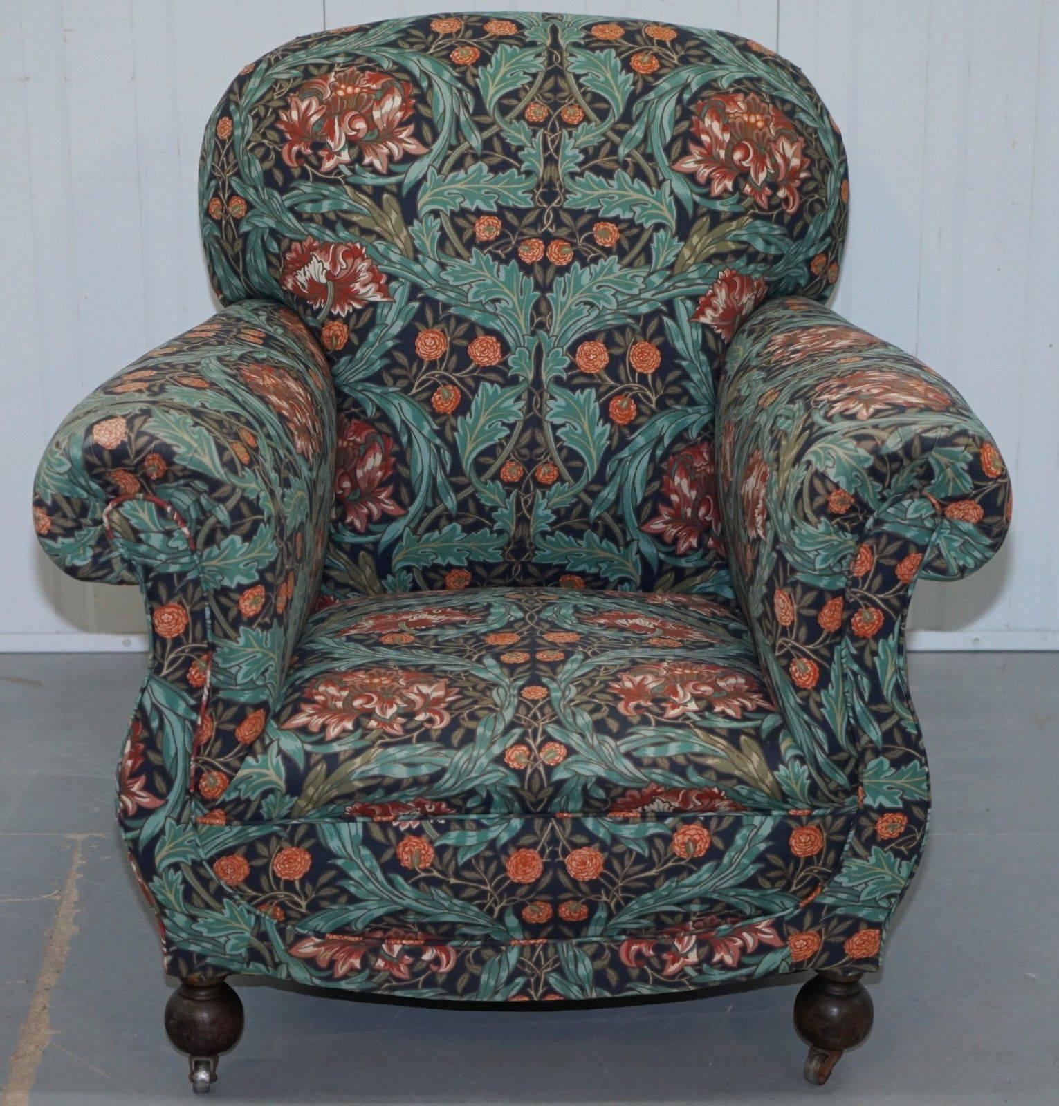 Pair of Victorian Club Armchairs in William Morris Upholstery Fabric Part Suite 1