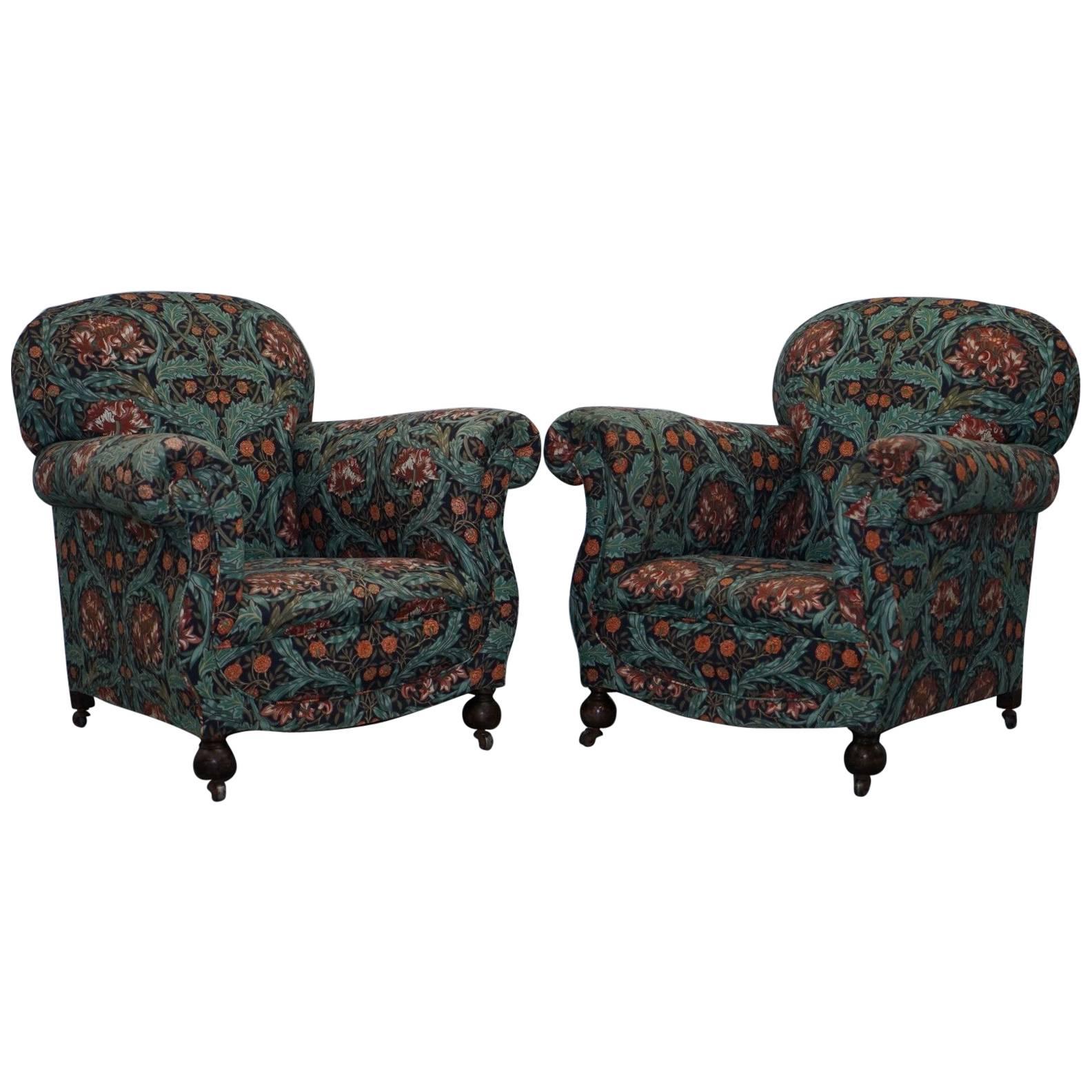 Pair of Victorian Club Armchairs in William Morris Upholstery Fabric Part Suite