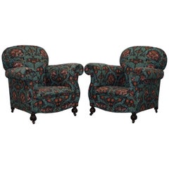 Antique Pair of Victorian Club Armchairs in William Morris Upholstery Fabric Part Suite