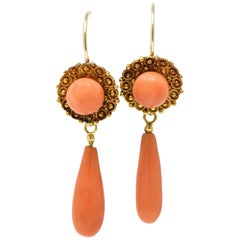 Antique Pair of Victorian Coral and 14 Karat Gold Drop Earrings