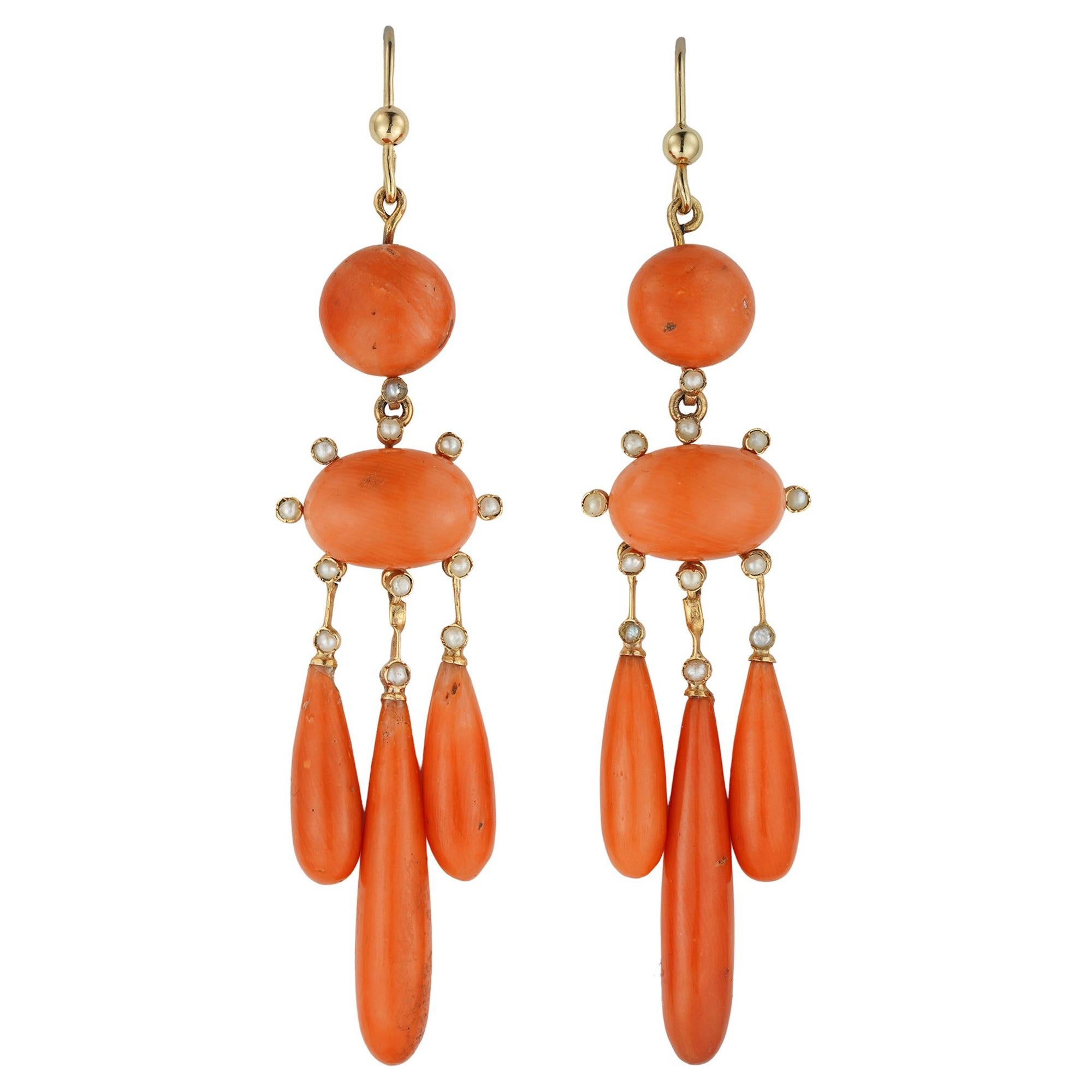 Coral and 18ct Yellow Gold Over Drop Earrings Antique Circa 1950 For Women's
