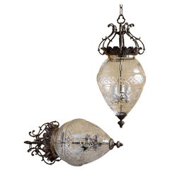 Pair of Victorian Cut Glass and Gilt Brass Lanterns
