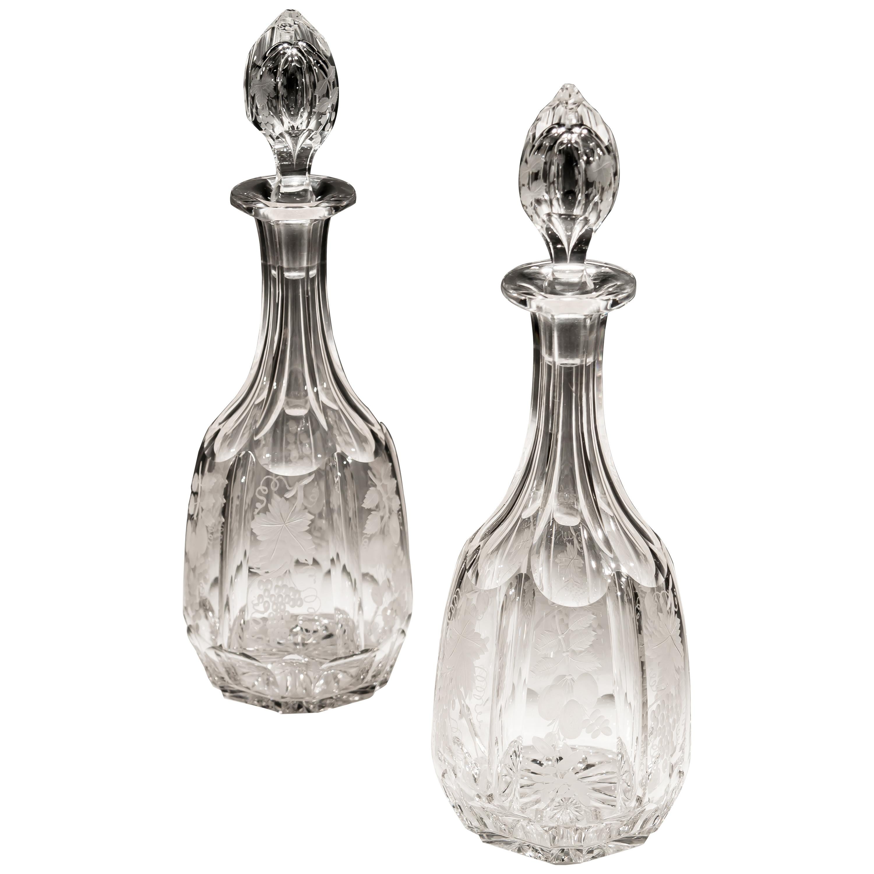 Pair of Victorian Cut Glass Decanters Engraved with Fruiting Vines at