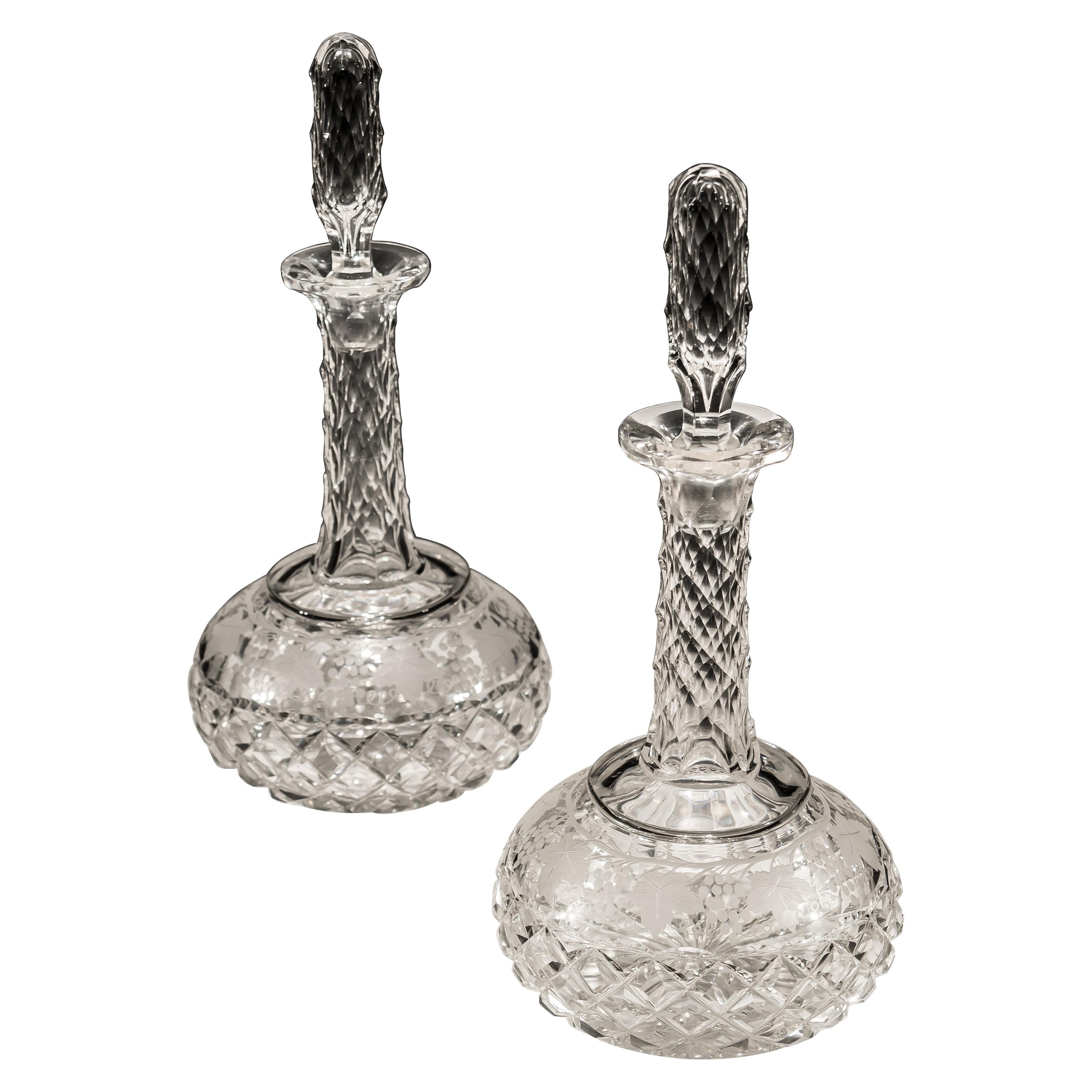 Pair of Victorian Cut Glass Shaft & Globe Decanters Engraved with Fruiting Vine For Sale