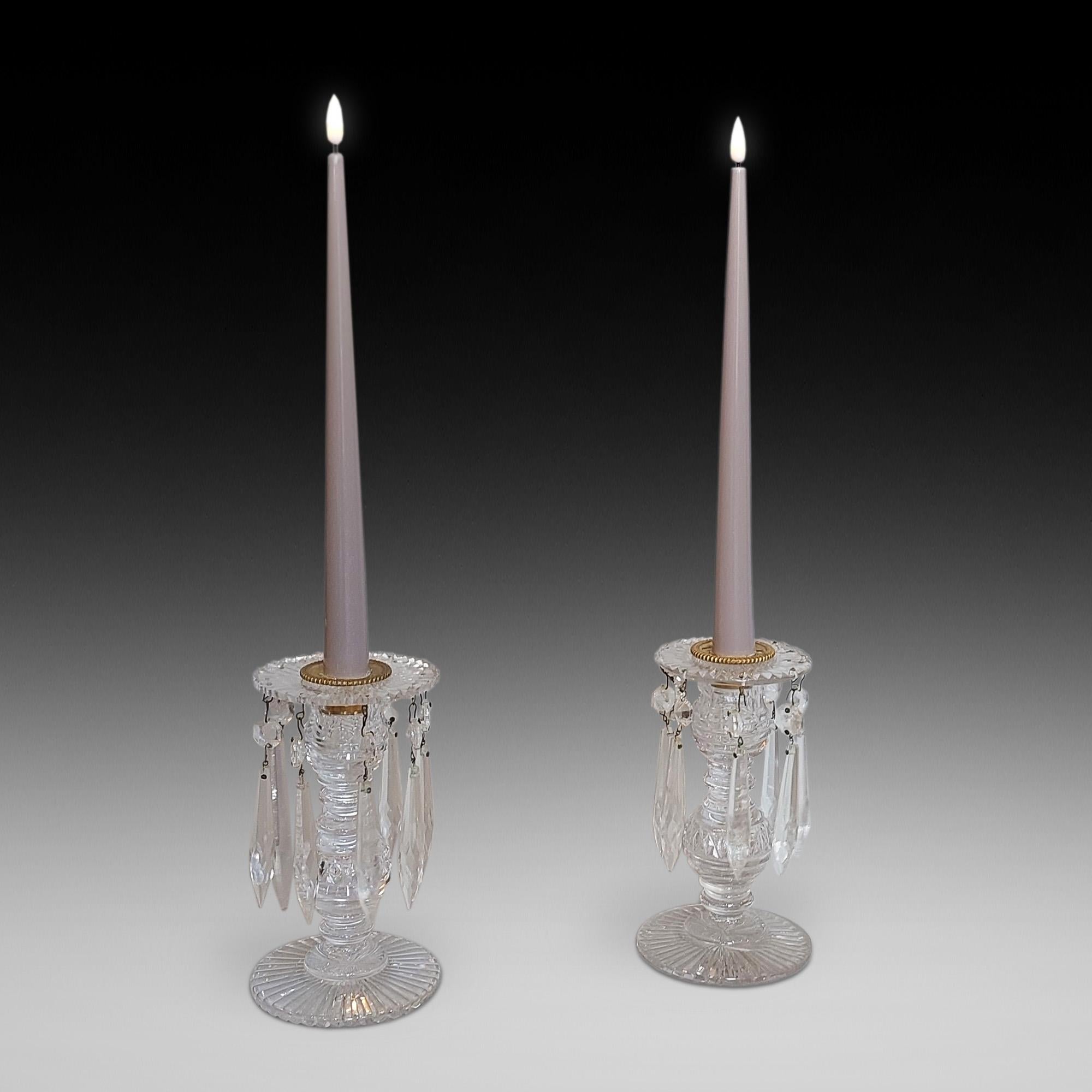 Pair of Victorian Diamond Cut Crystal Lustres with Facet cut Drops and Gadrooned Base to the Candelabra - 4